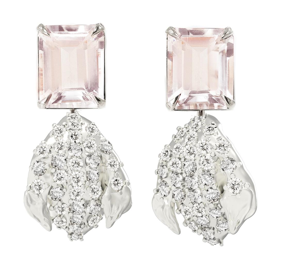 These contemporary Peony Petal spring floral clip-on earrings are in 18 karat white gold with 62 round natural diamonds, VS, F-G, and morganites octagon cut, 4,5 carats in total. The sculptural design adds the extra highlights to the surface of the