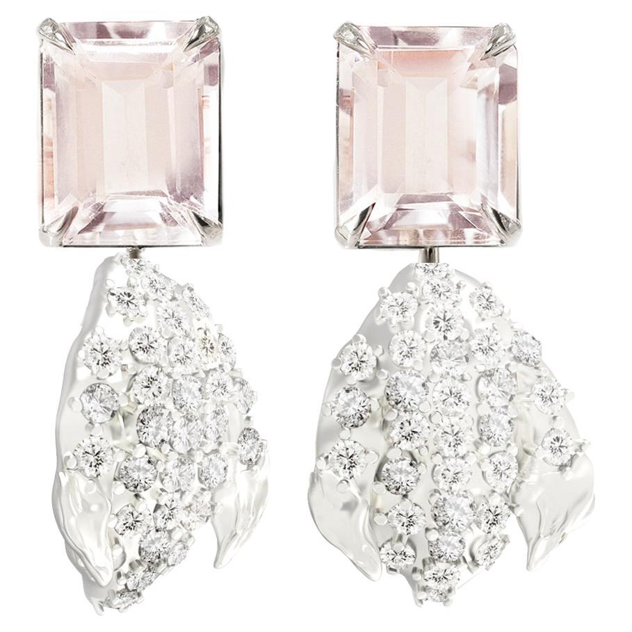 Morganite White Gold Contemporary Clip-On Earrings with Diamonds For Sale