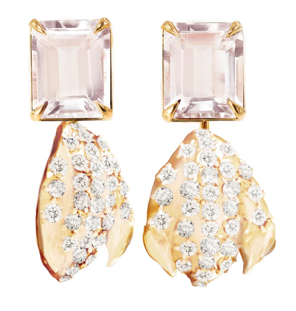 Morganite Yellow Gold Contemporary Stud Earrings with Diamonds For Sale 2