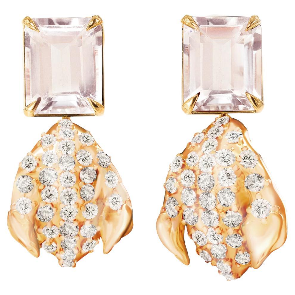 Morganite Yellow Gold Contemporary Stud Earrings with Diamonds For Sale