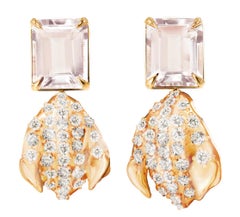 Morganite Yellow Gold Contemporary Floral Clip-on Earrings with Diamonds