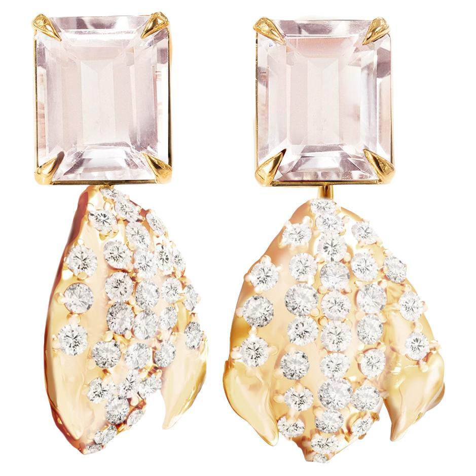 Morganite Yellow Gold Contemporary Floral Clip-on Earrings with Diamonds
