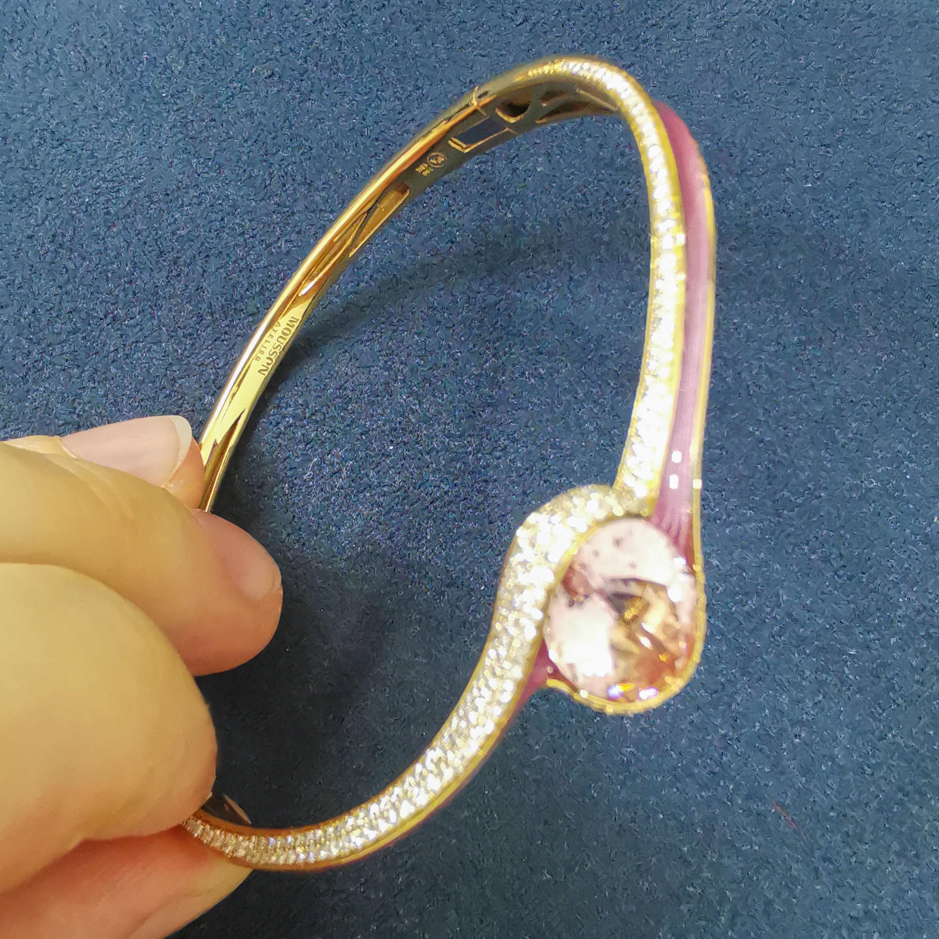 Oval Cut Morganite 3.48 Carat Diamonds 18 Karat Yellow Gold Enamel Melted Colors Bracelet For Sale