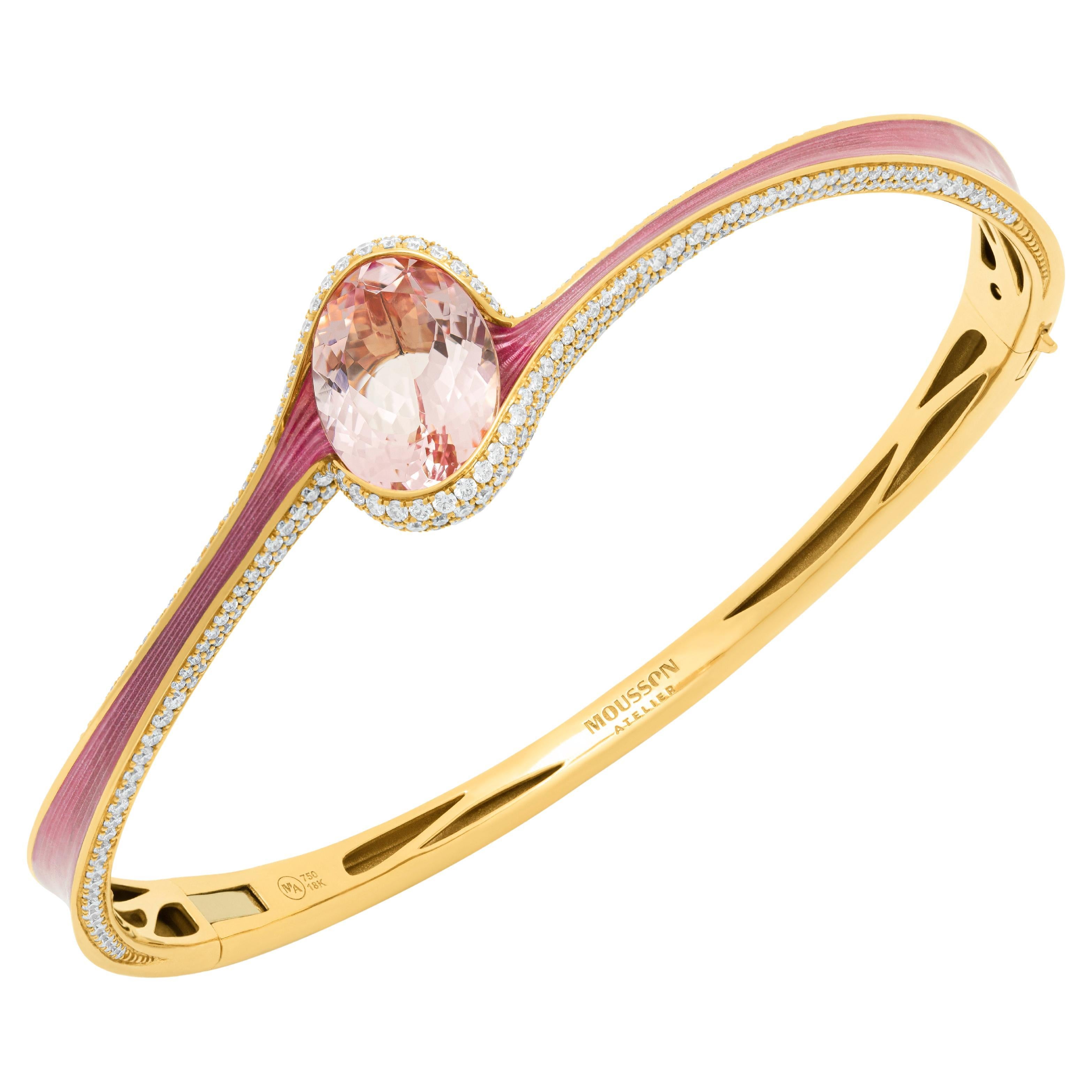 Morganite 3.48 Carat Diamonds 18 Karat Yellow Gold Enamel Melted Colors Bracelet For Sale