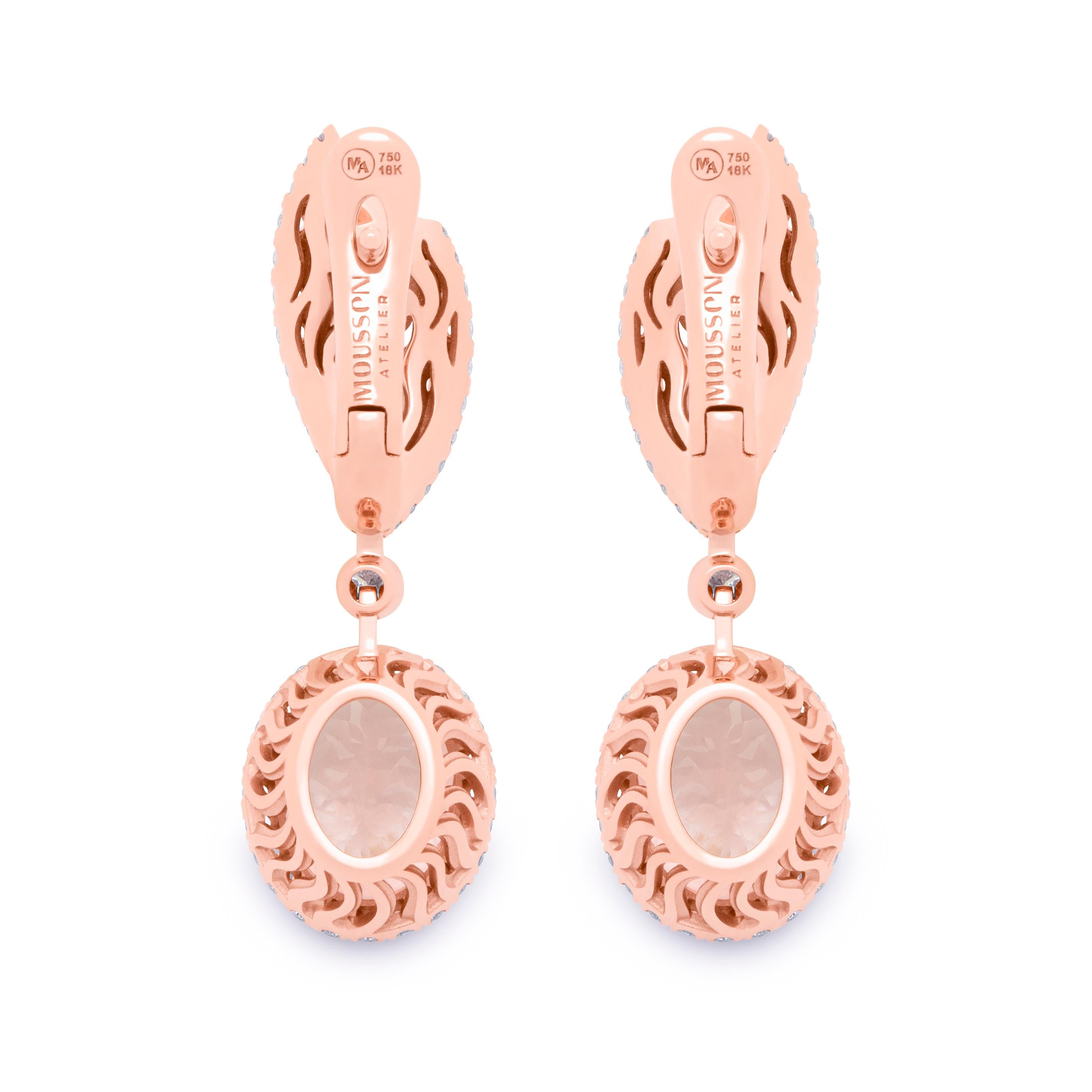 Morganite 5.00 Carat Diamonds 18 Karat Rose Gold New Classic Earrings
We have published a series of new Earrings with the same idea but with different details. Introducing Earrings crafted from 18 Karat Rose Gold, which in a company with two 5.00