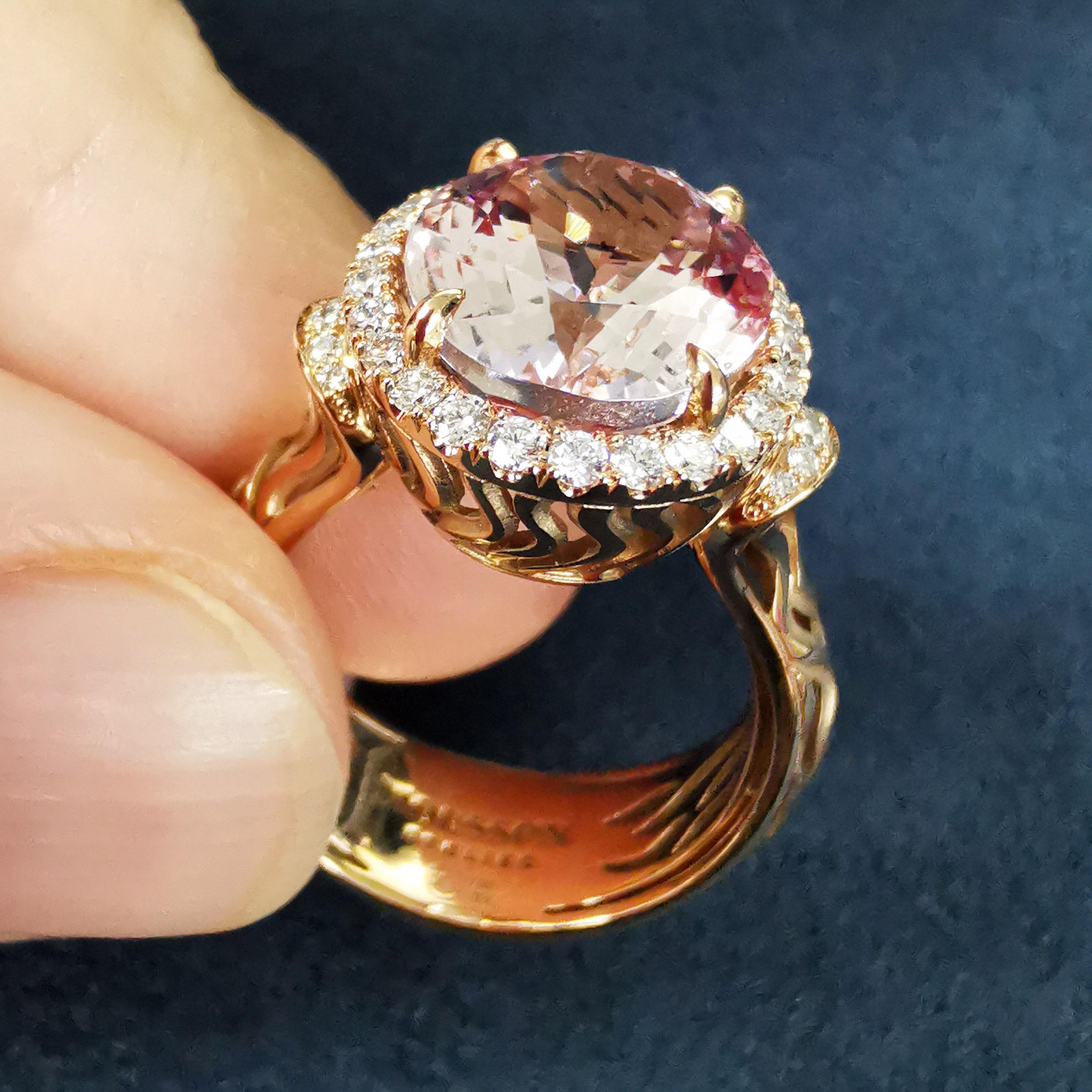 Donna Morganite 5,13 Carati Diamanti Oro Rosa 18 Carati Nuovo Anello Classico