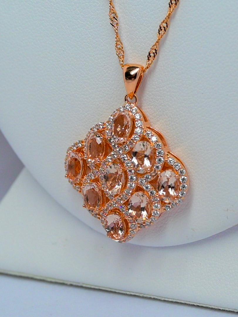 Modern Morganite 925 Sterling Silver 18k 1mm Rose Metal Platted Women's Pendant3.95cts For Sale