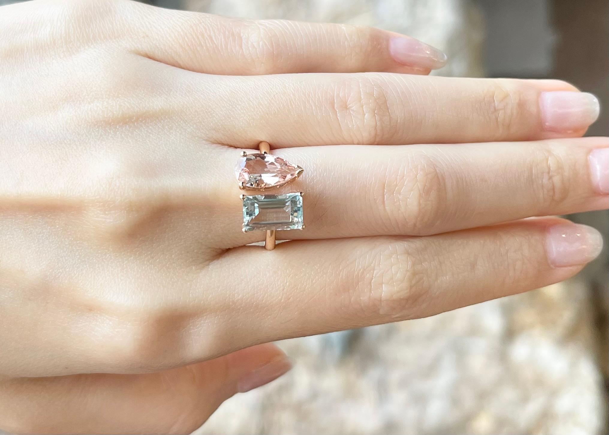 Contemporary Morganite and Aquamarine Ring set in 18K Rose Gold Settings For Sale