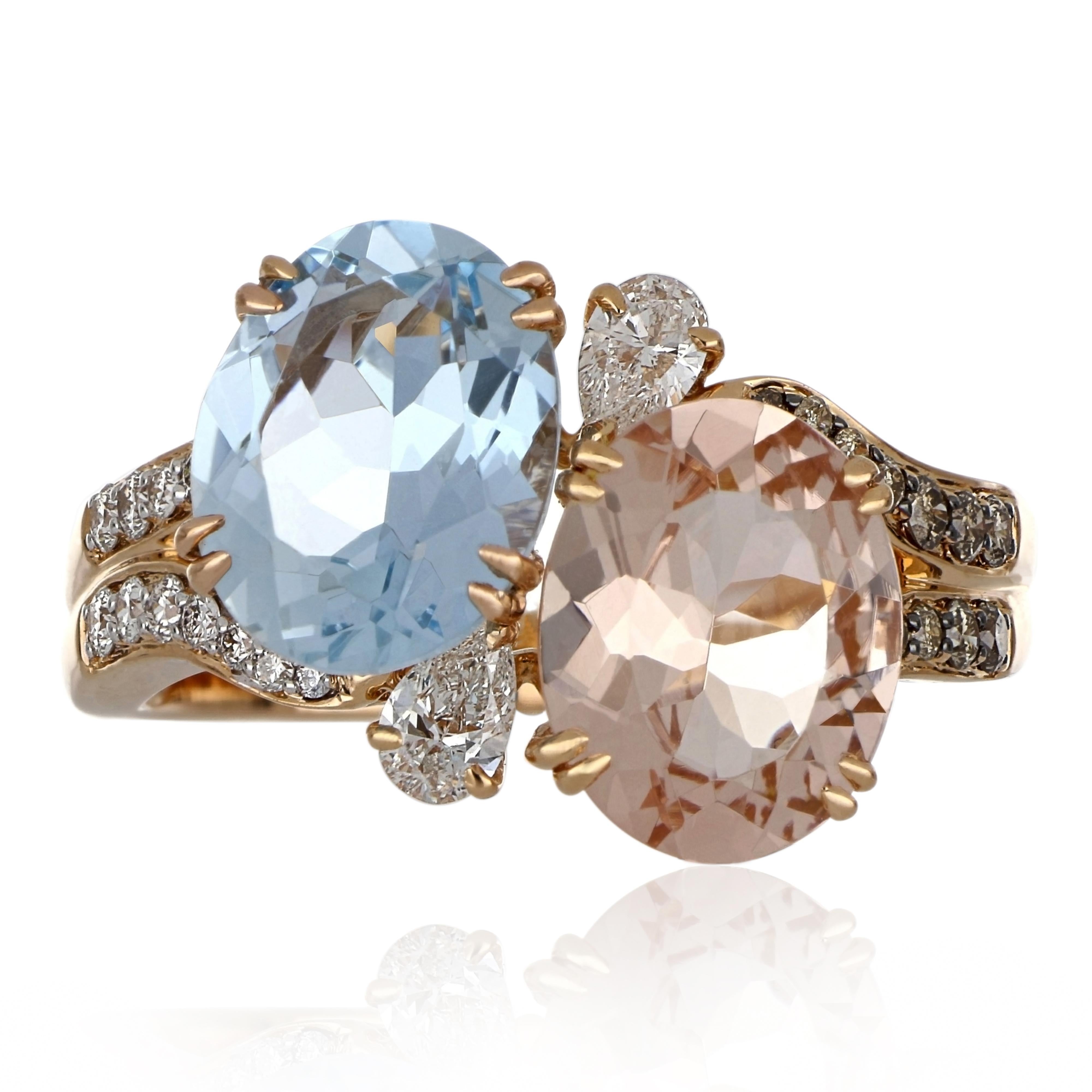 Elegant and Exquisitely detailed Cocktail Ring, set with 1.89 Ct Oval Cut Morganite & 2.16 Cts Oval Cut Aquamarine accented with Chocolate and White Diamonds, weighing approx. 0.45 total carat weight Beautifully Hand crafted in 18 Karat Rose