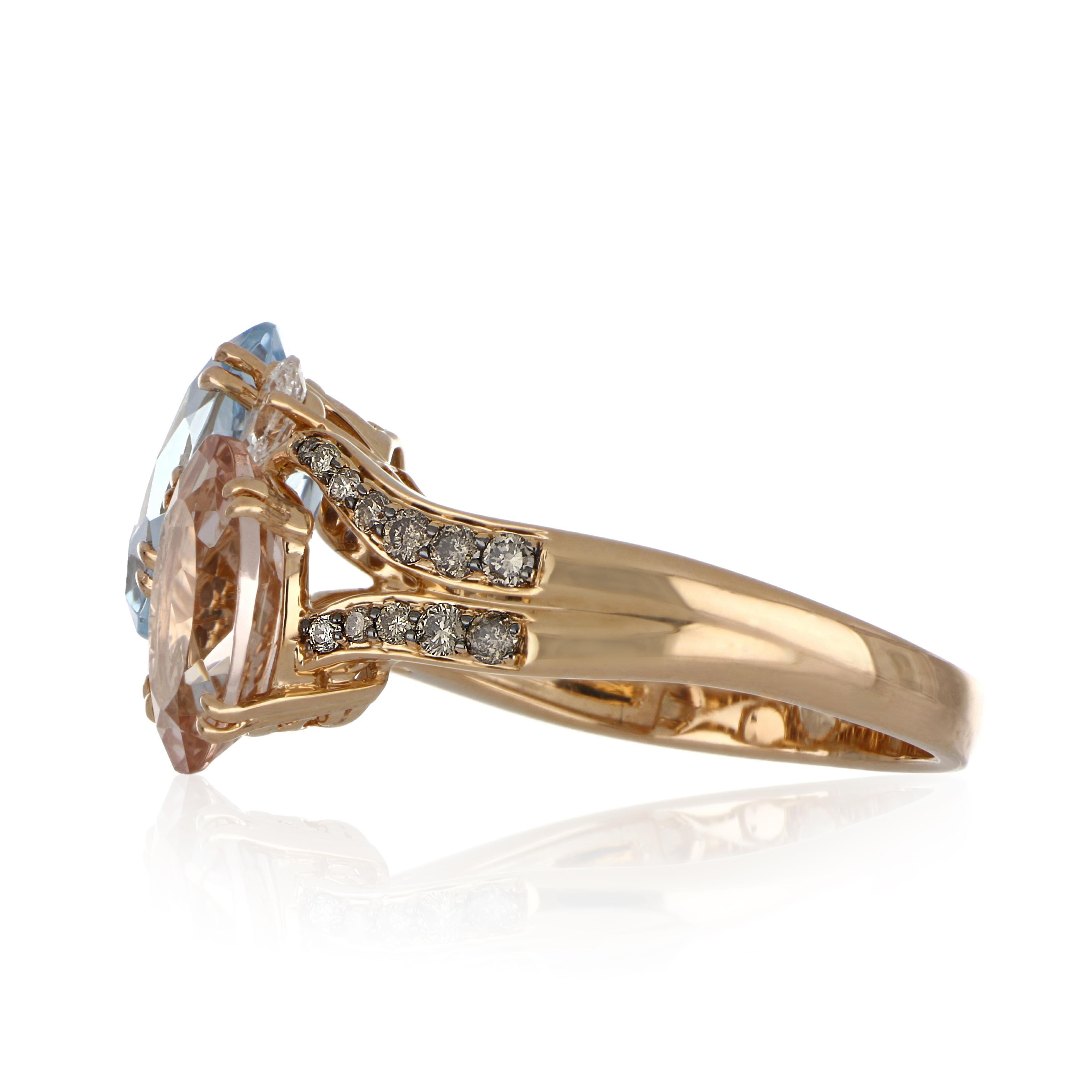 Contemporain Bague en or rose 18 carats, morganite et aigue-marine avec diamants en vente