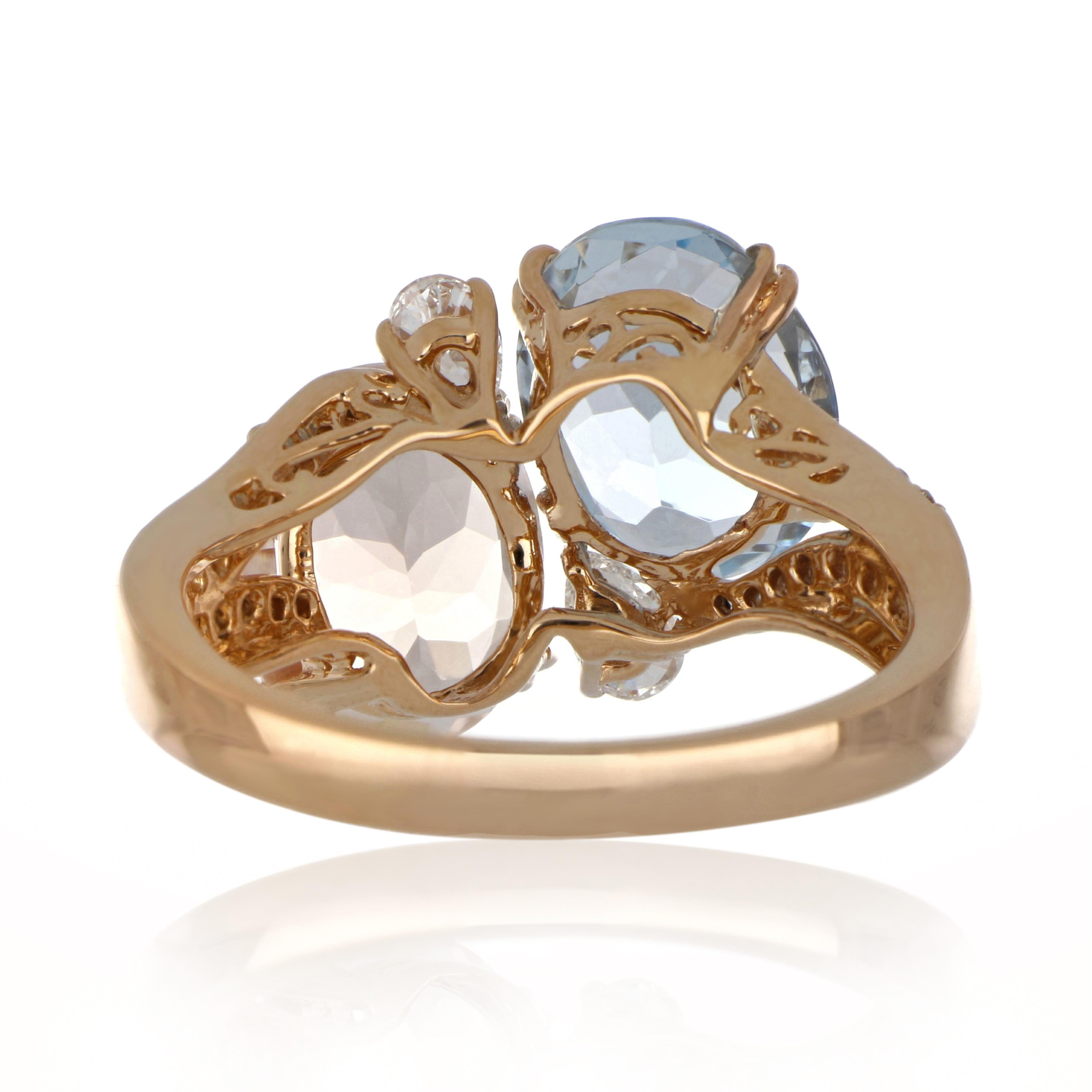 Contemporary Morganite and Aquamarine Ring with Diamonds in 18 Karat Rose Gold For Sale