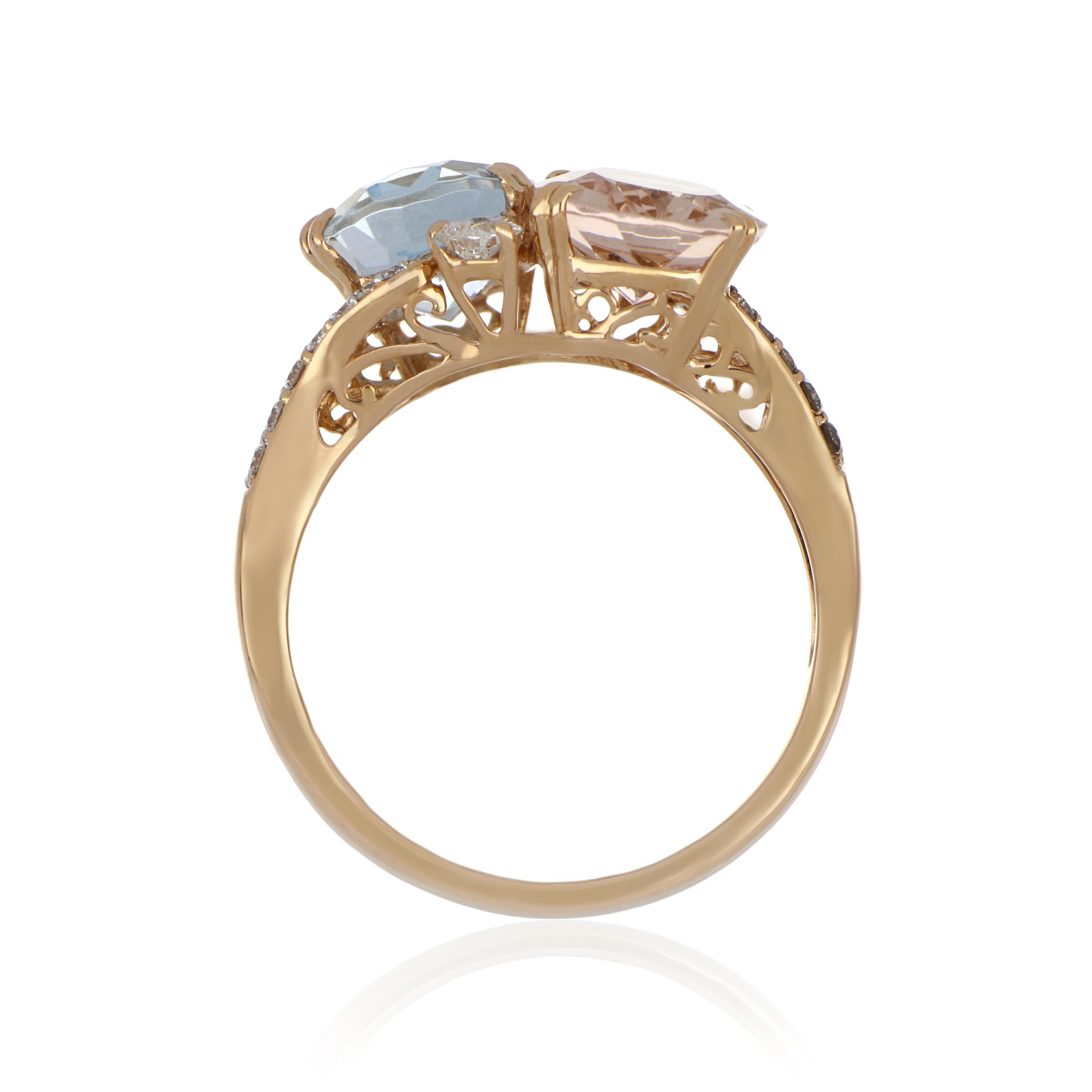 Oval Cut Morganite and Aquamarine Ring with Diamonds in 18 Karat Rose Gold For Sale