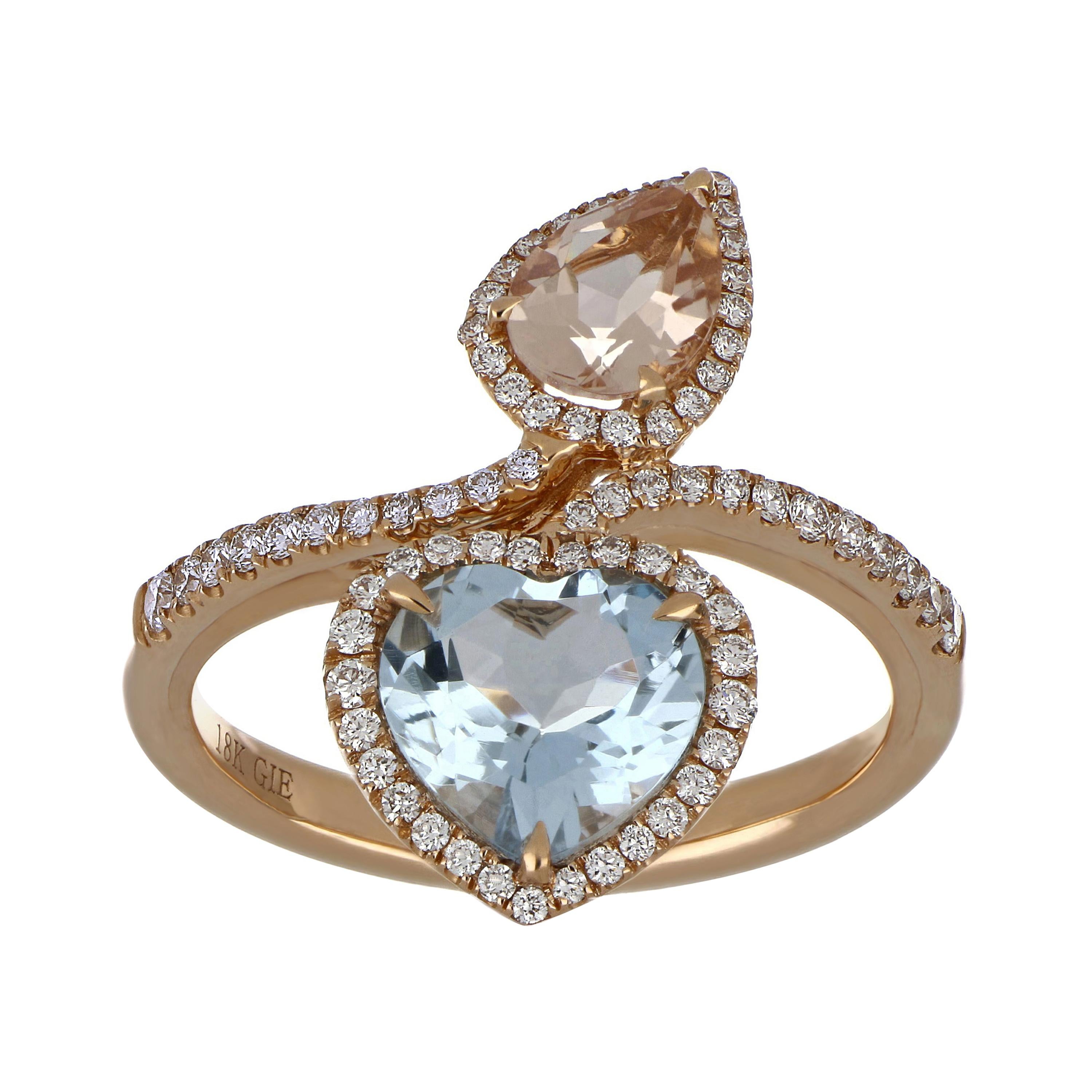 Morganite and Aquamarine Ring with Diamonds in 18 Karat Rose Gold