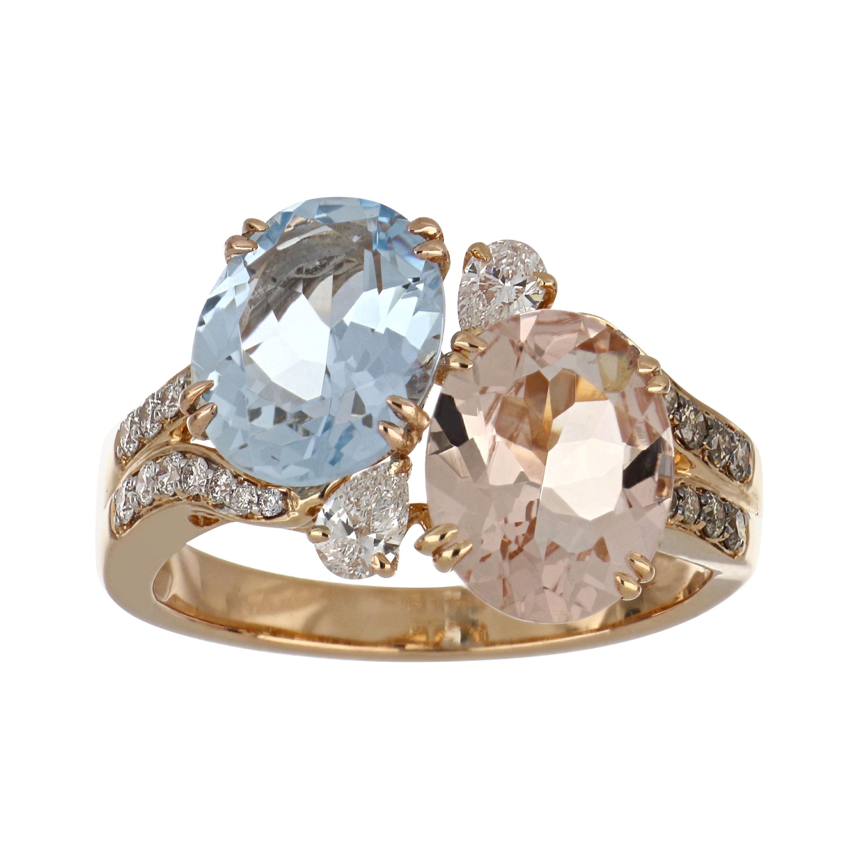 Morganite and Aquamarine Ring with Diamonds in 18 Karat Rose Gold For Sale