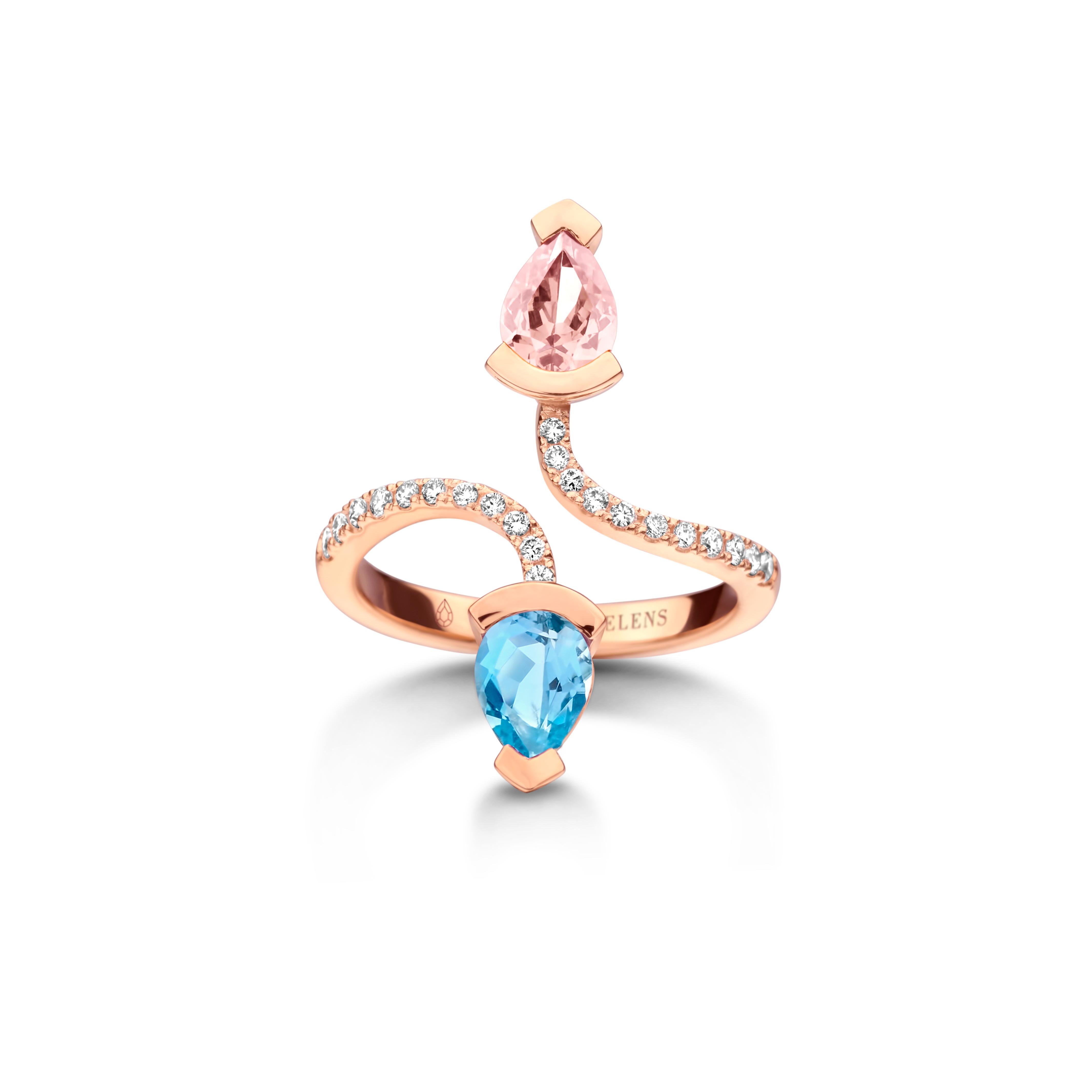 Adeline Duo ring in 18Kt yellow gold 5g set with a pear-shaped Aquamarine 0,70 Ct, a pear-shaped morganite 0,70 Ct and 0,19 Ct of white brilliant cut diamonds - VS F quality. Celine Roelens, a goldsmith and gemologist, is specialized in unique, fine