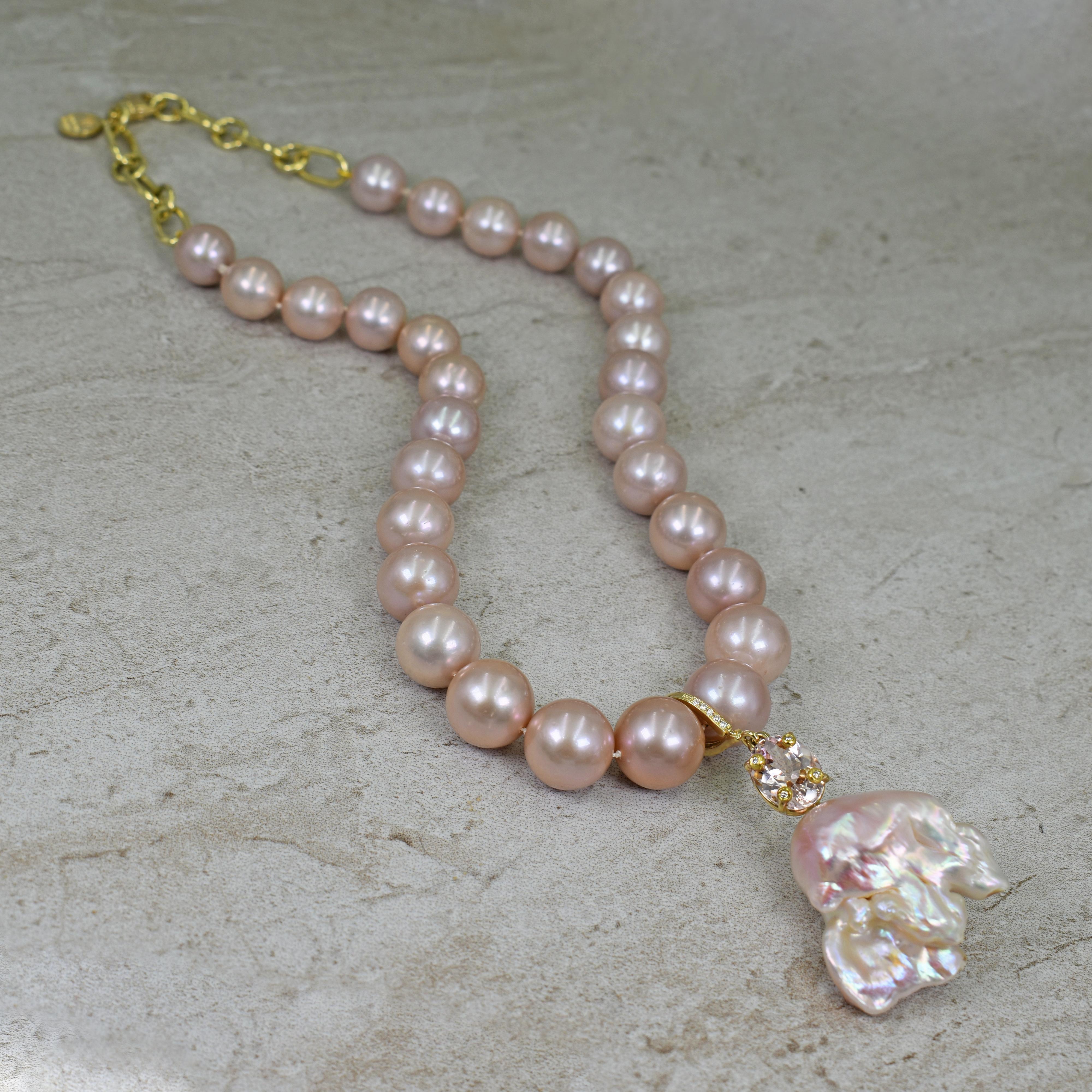 Contemporary Morganite and Baroque Pearl Pendant on Graduated Pink Pearl Beaded Necklace For Sale
