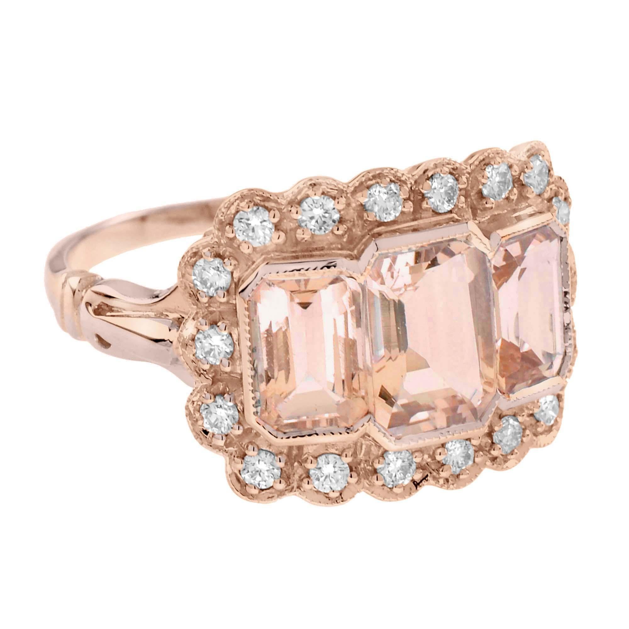 Art Deco Morganite and Diamond Antique Style Three Stone Ring in 18K Rose Gold For Sale