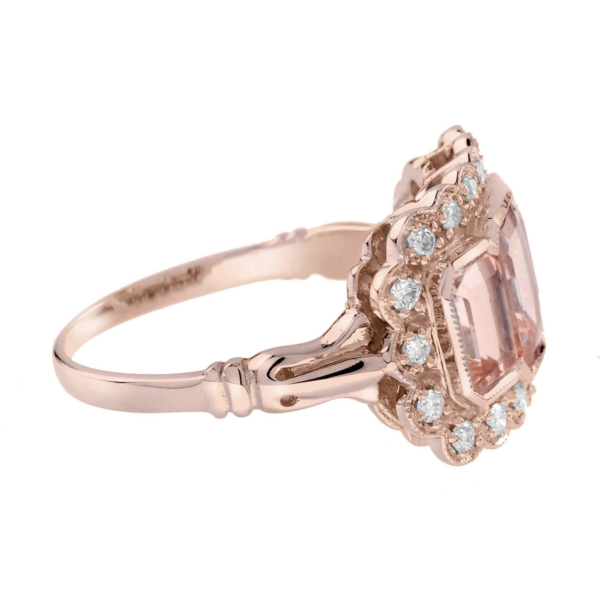 Emerald Cut Morganite and Diamond Antique Style Three Stone Ring in 18K Rose Gold For Sale