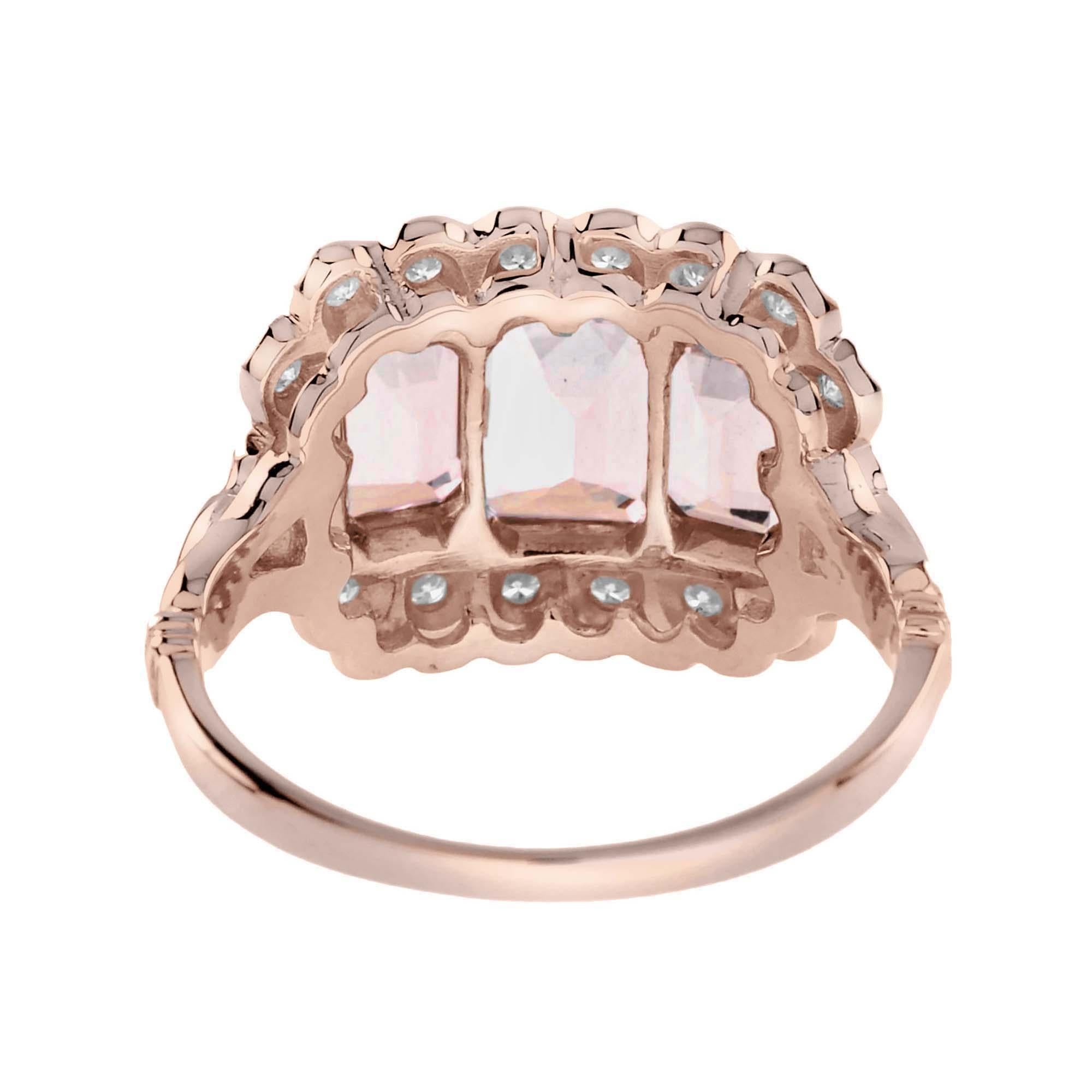 Morganite and Diamond Antique Style Three Stone Ring in 18K Rose Gold In New Condition For Sale In Bangkok, TH