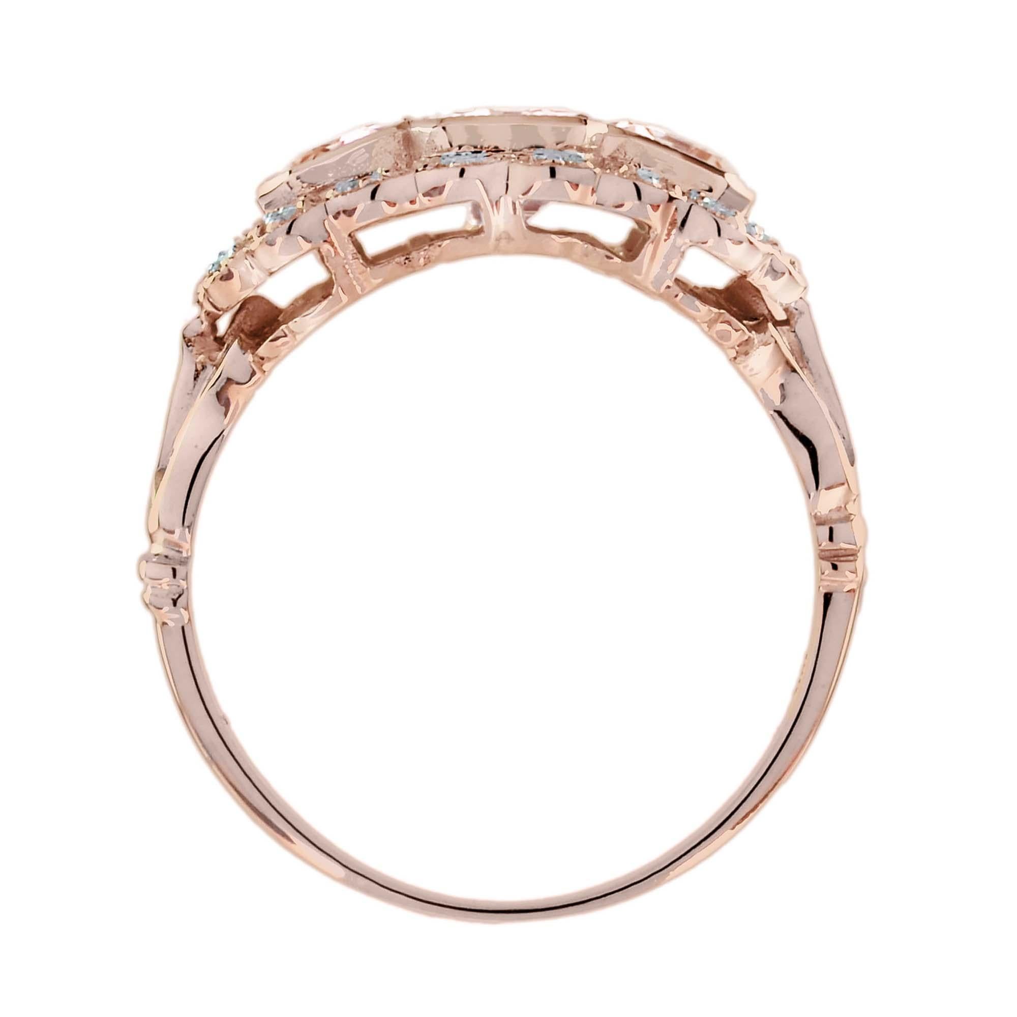 Women's Morganite and Diamond Antique Style Three Stone Ring in 18K Rose Gold For Sale