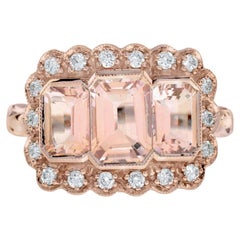 Morganite and Diamond Antique Style Three Stone Ring in 18K Rose Gold