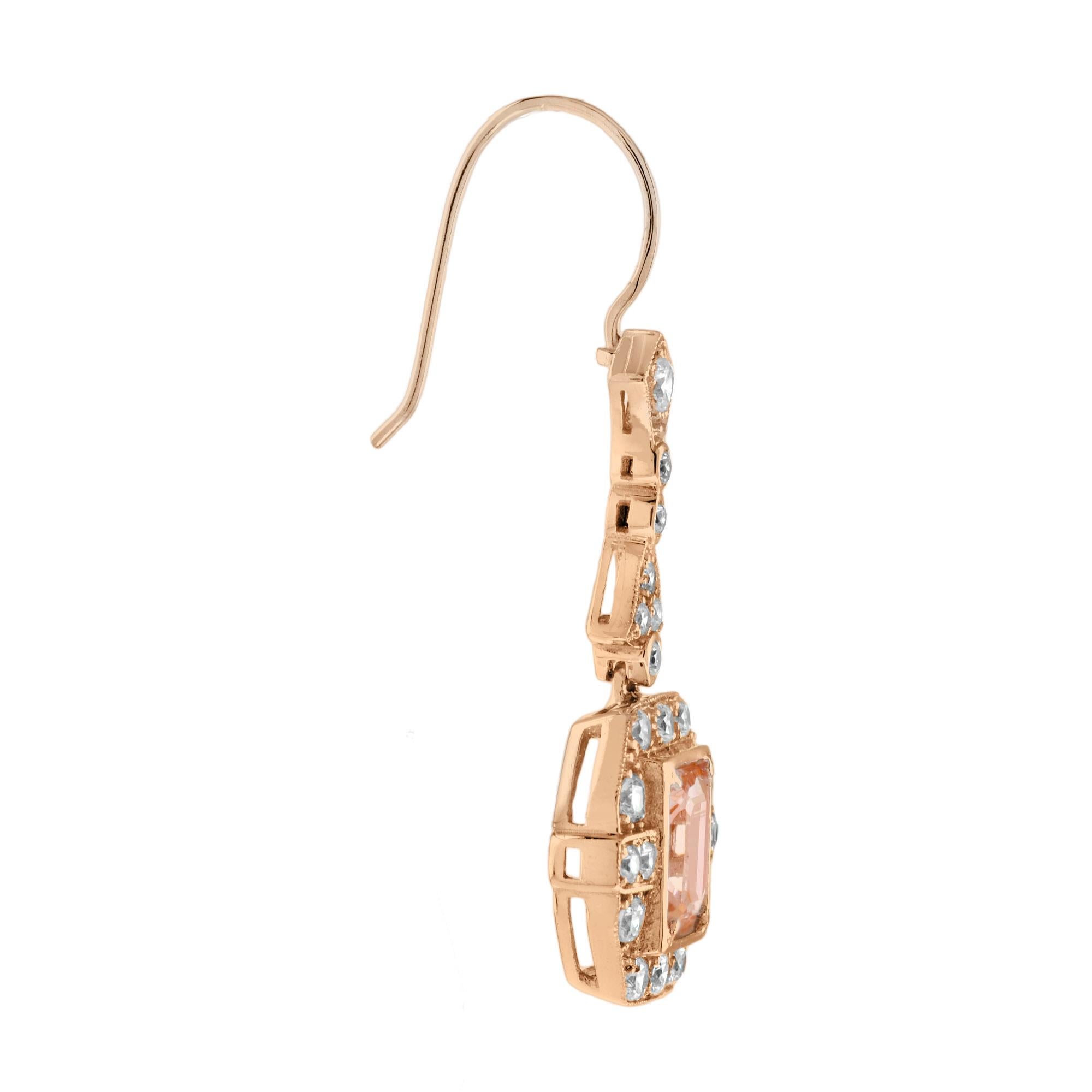 Taglio rotondo Orecchini pendenti in stile Art Déco con Morganite e diamanti in oro rosa 18 carati in vendita