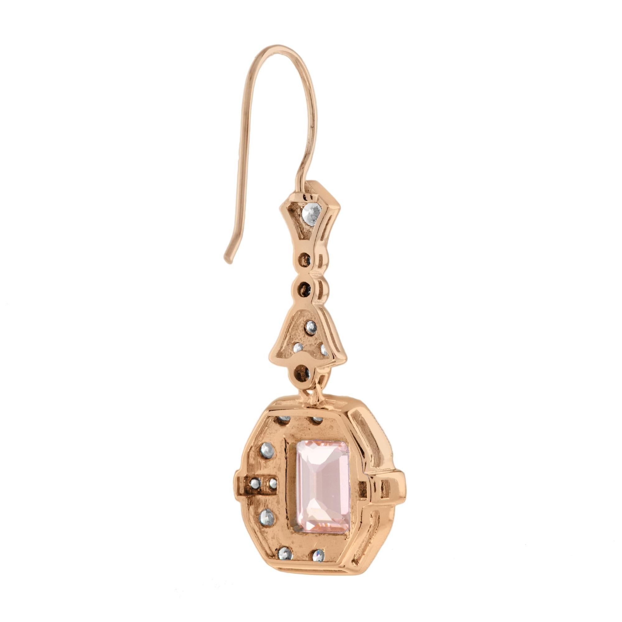 Orecchini pendenti in stile Art Déco con Morganite e diamanti in oro rosa 18 carati In condizioni Nuovo in vendita a Bangkok, TH