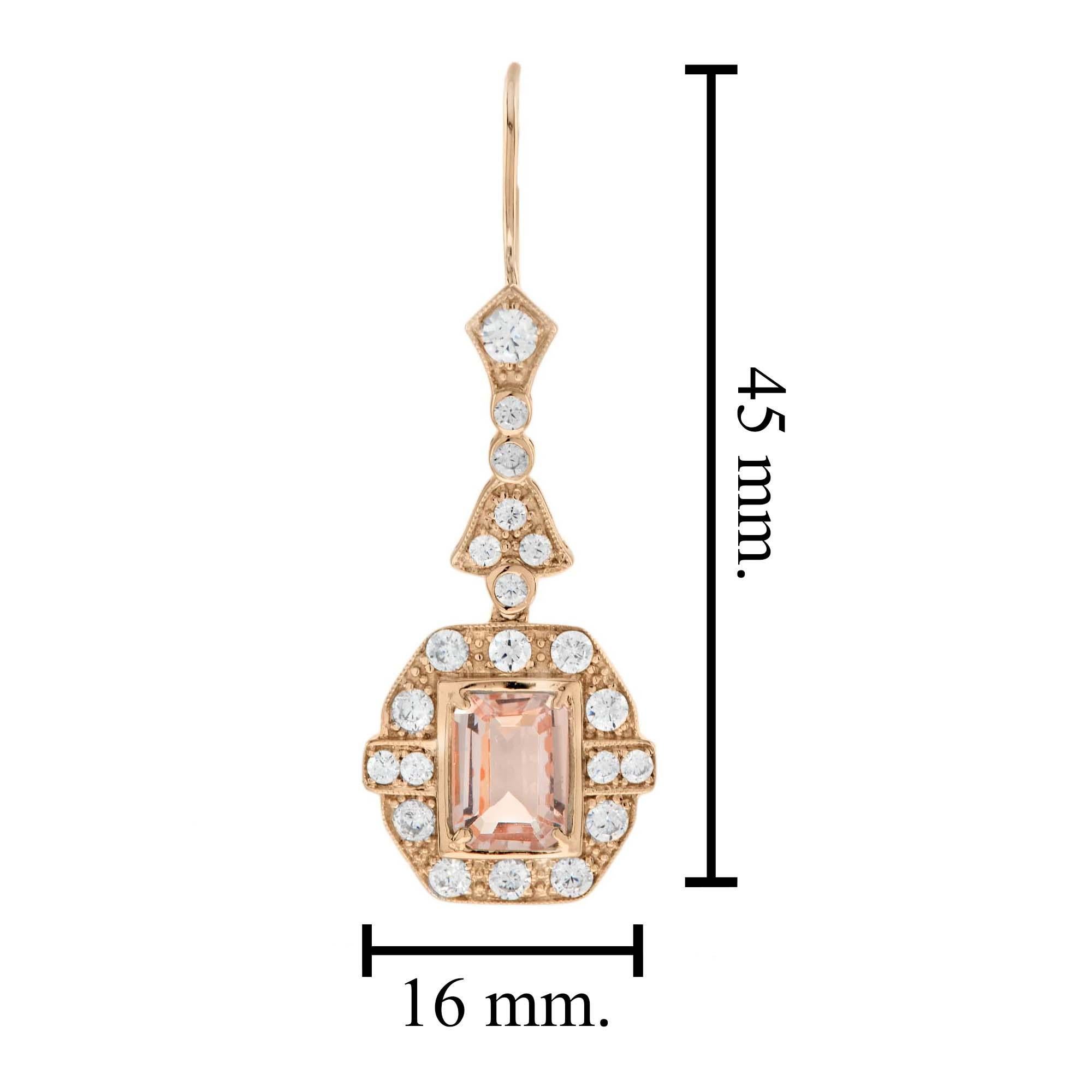 Donna Orecchini pendenti in stile Art Déco con Morganite e diamanti in oro rosa 18 carati in vendita