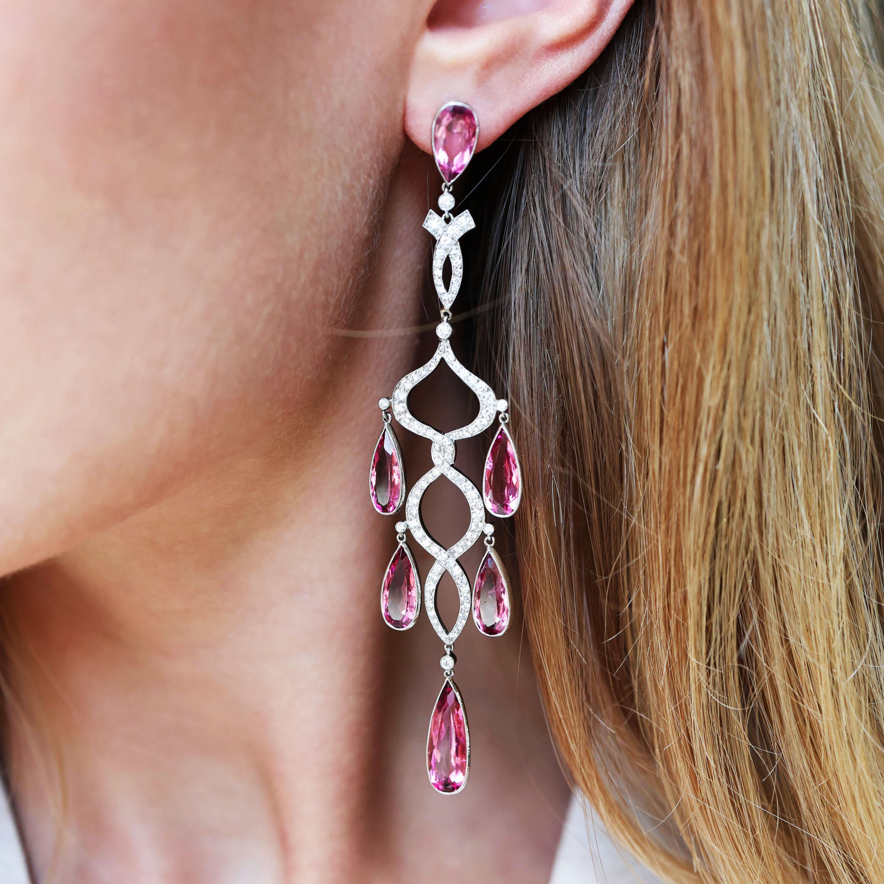 Pear Cut Morganite and Diamond Chandelier Earrings For Sale