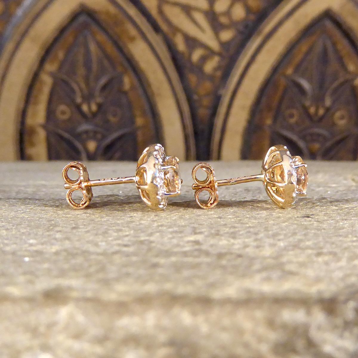 Round Cut Morganite and Diamond Cluster Earring in Rose Gold For Sale