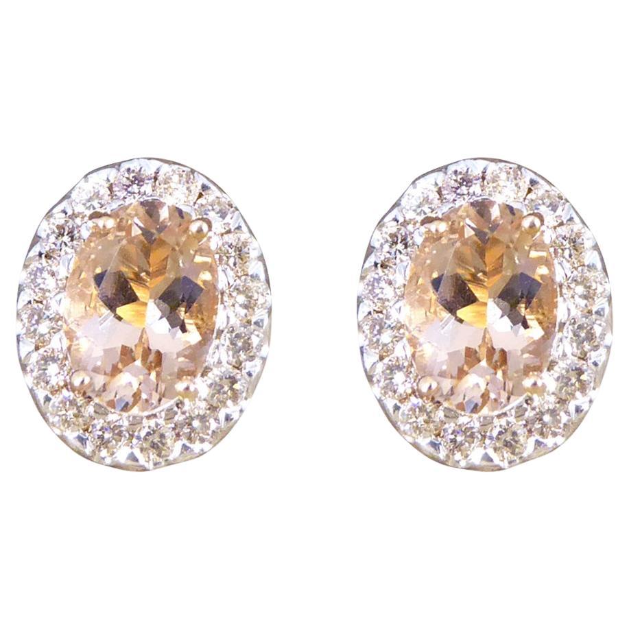 Morganite and Diamond Cluster Earring in Rose Gold For Sale