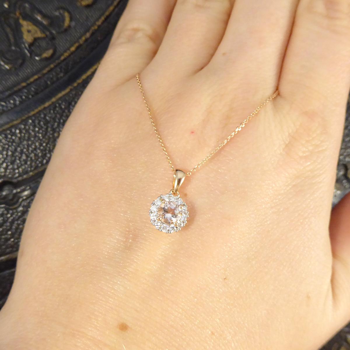 Morganite and Diamond Cluster Pendant Necklace in Rose Gold In New Condition In Yorkshire, West Yorkshire