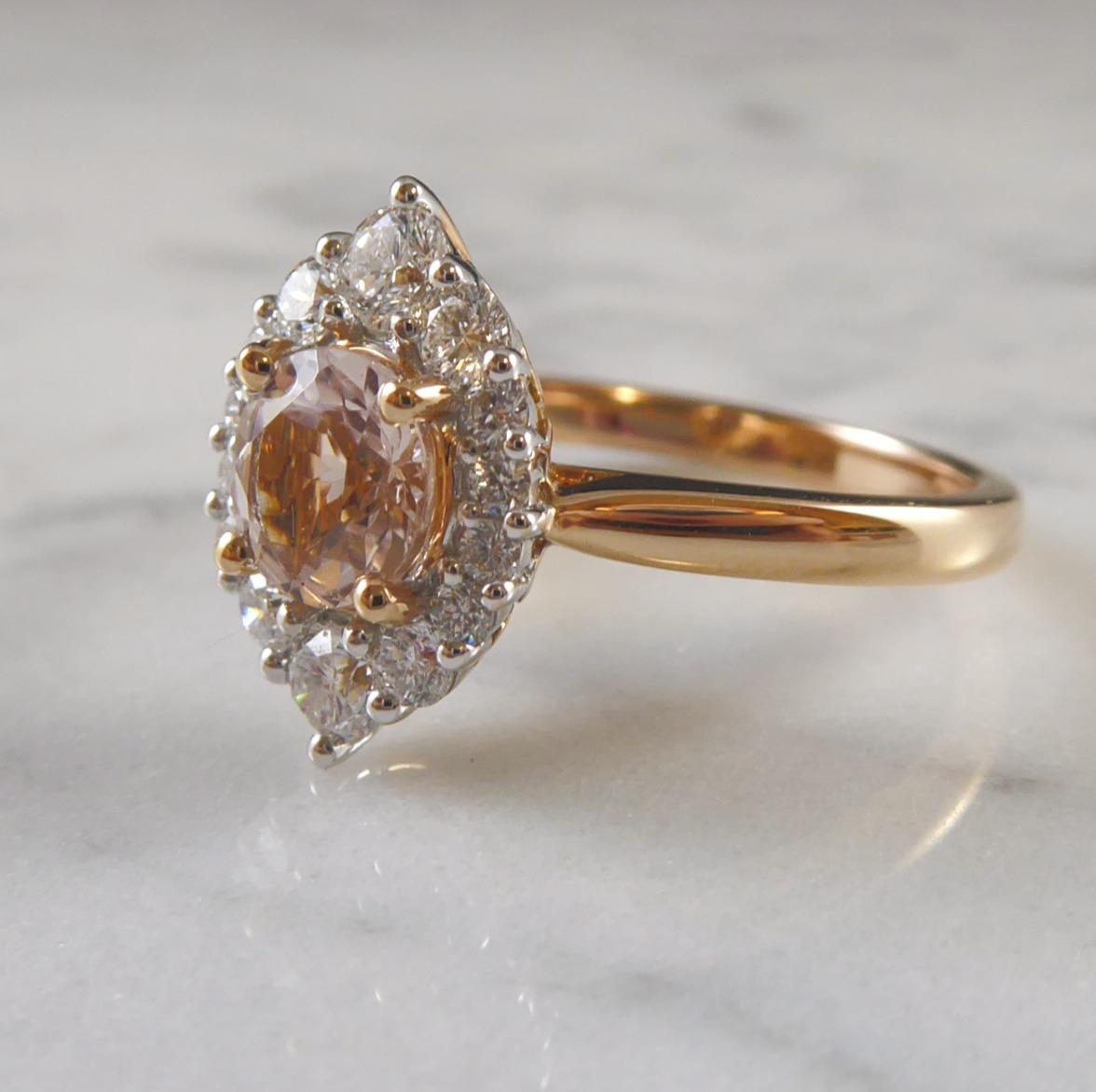 Rose Cut Morganite and Diamond Cluster Ring in a Traditional Style on Rose Gold Band