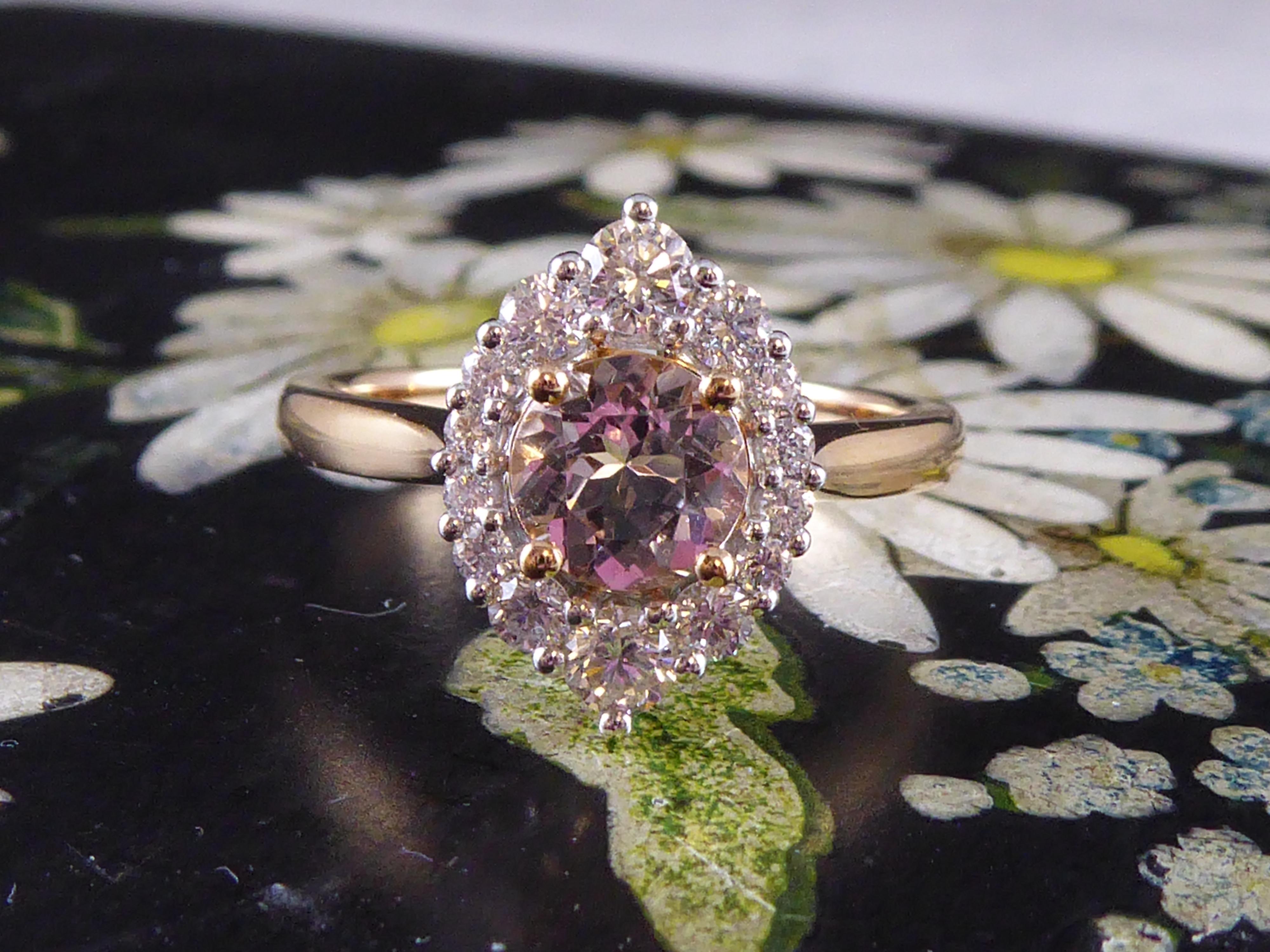 Morganite and Diamond Cluster Ring in a Traditional Style on Rose Gold Band In New Condition In Yorkshire, West Yorkshire