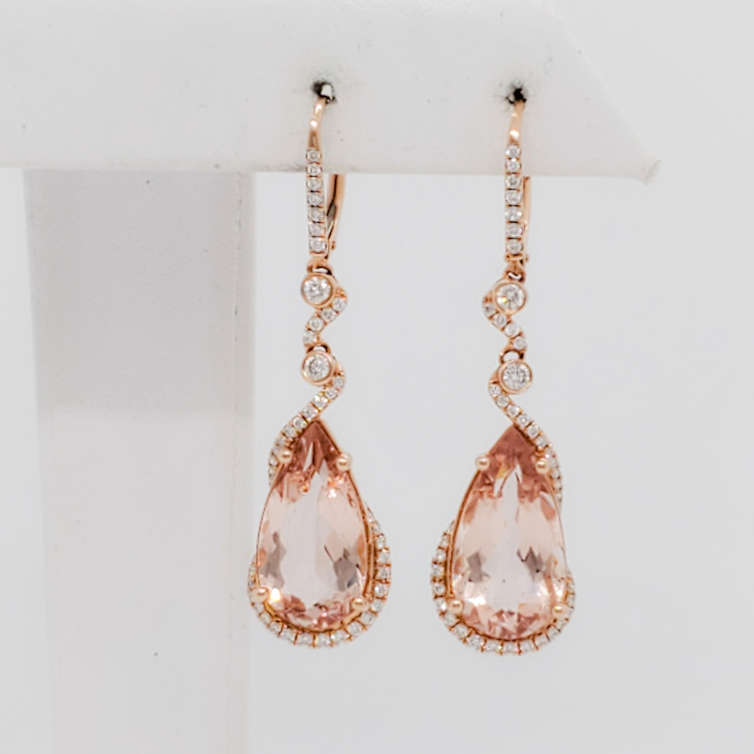 Rose Cut Morganite and Diamond Dangle Earrings in 14k Rose Gold