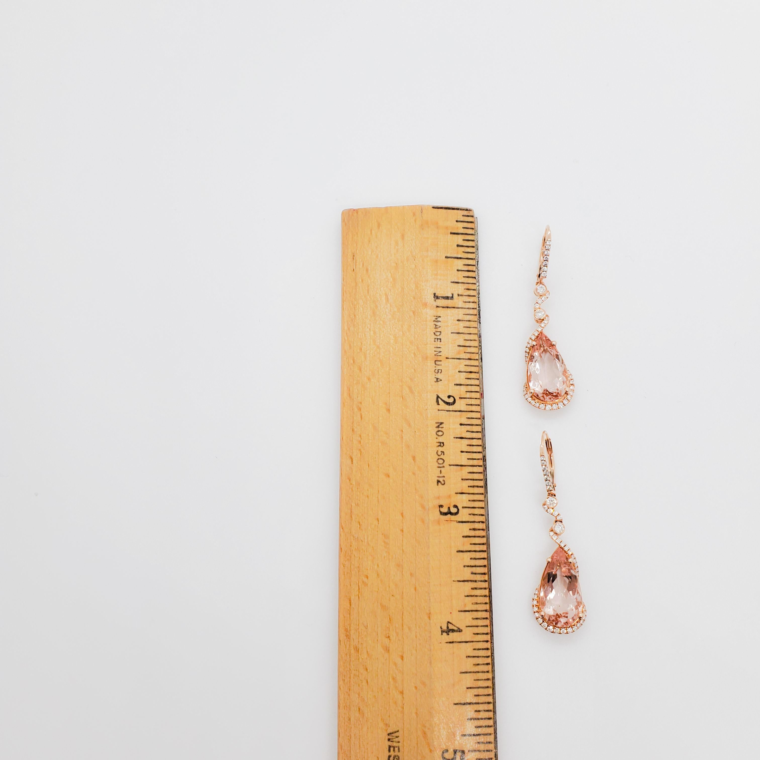 Morganite and Diamond Dangle Earrings in 14k Rose Gold In New Condition In Los Angeles, CA