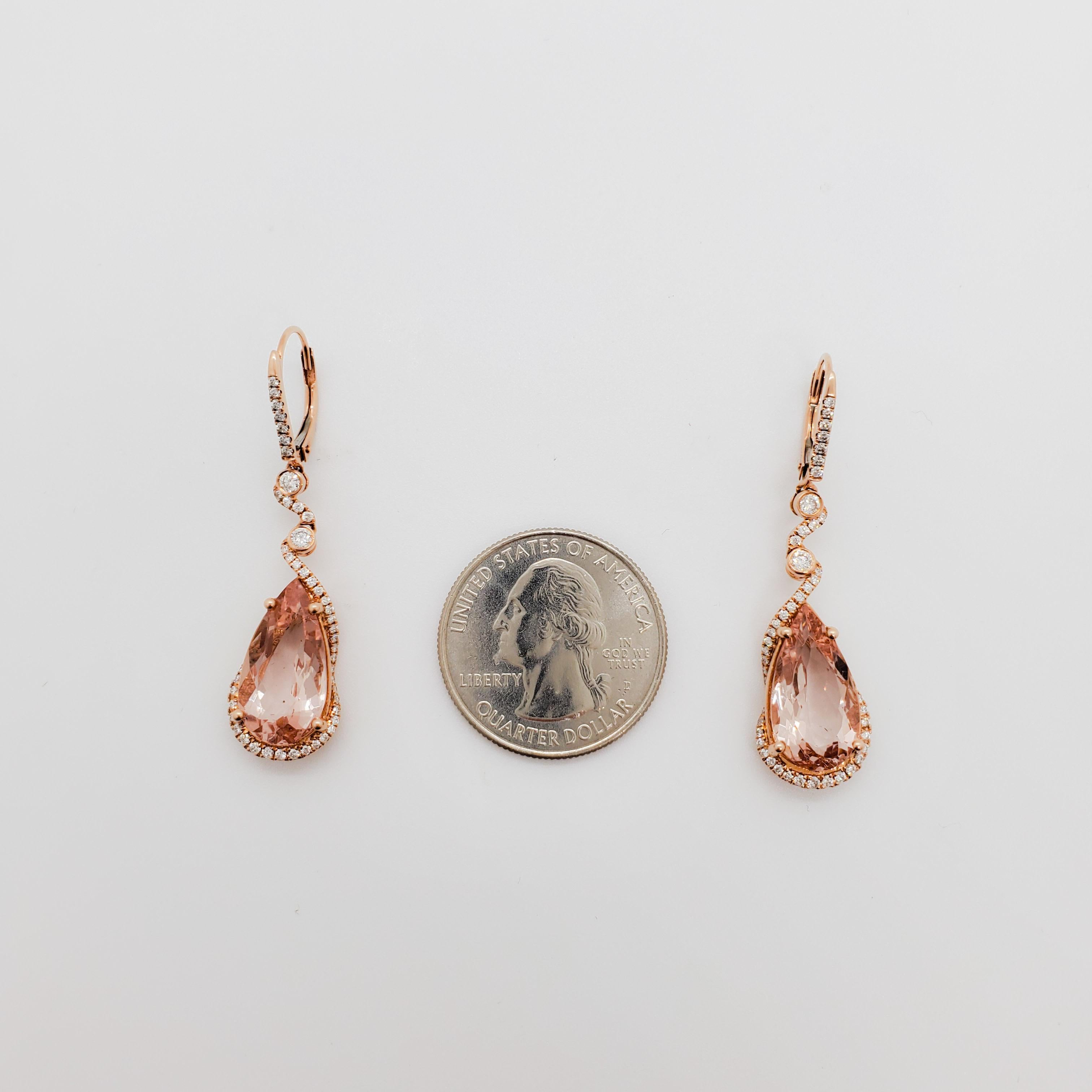 Women's or Men's Morganite and Diamond Dangle Earrings in 14k Rose Gold