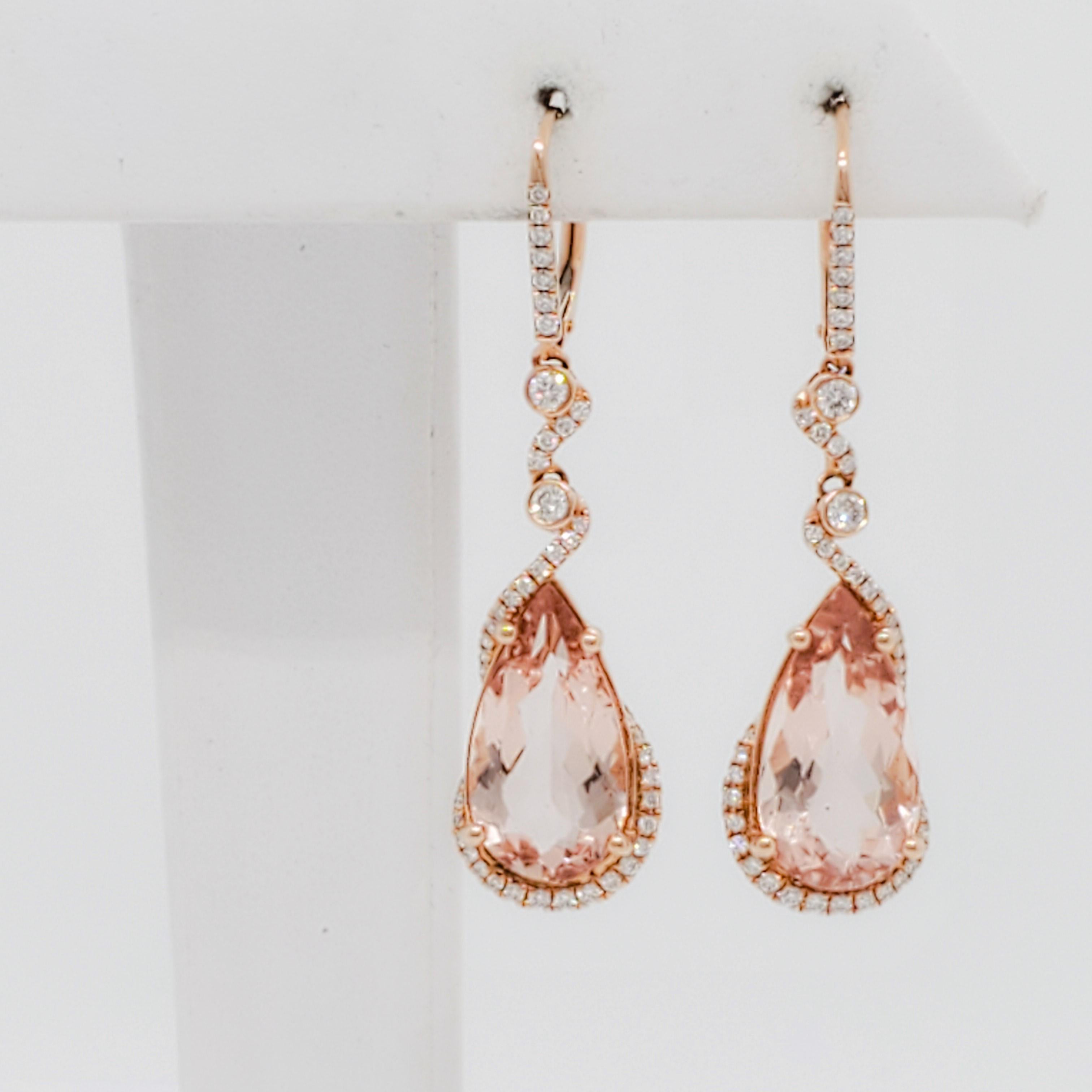 Morganite and Diamond Dangle Earrings in 14k Rose Gold 3