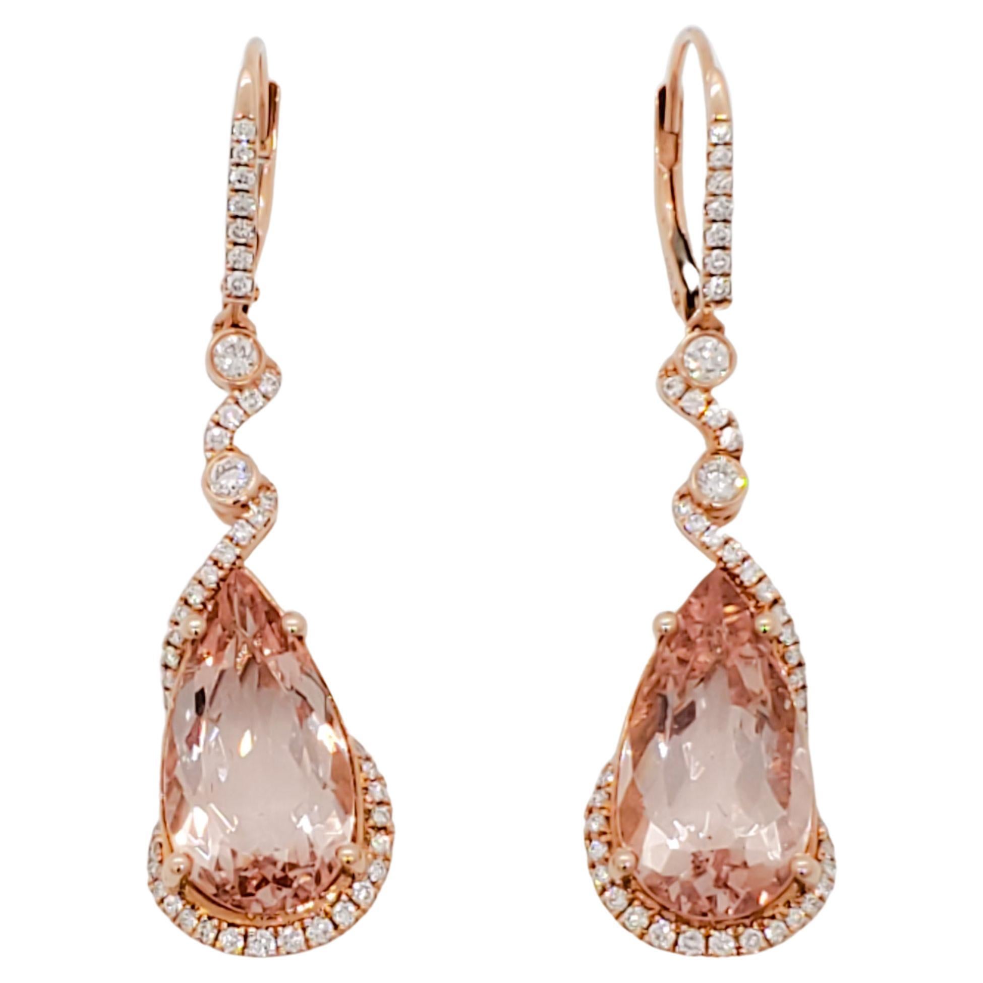 Morganite and Diamond Dangle Earrings in 14k Rose Gold