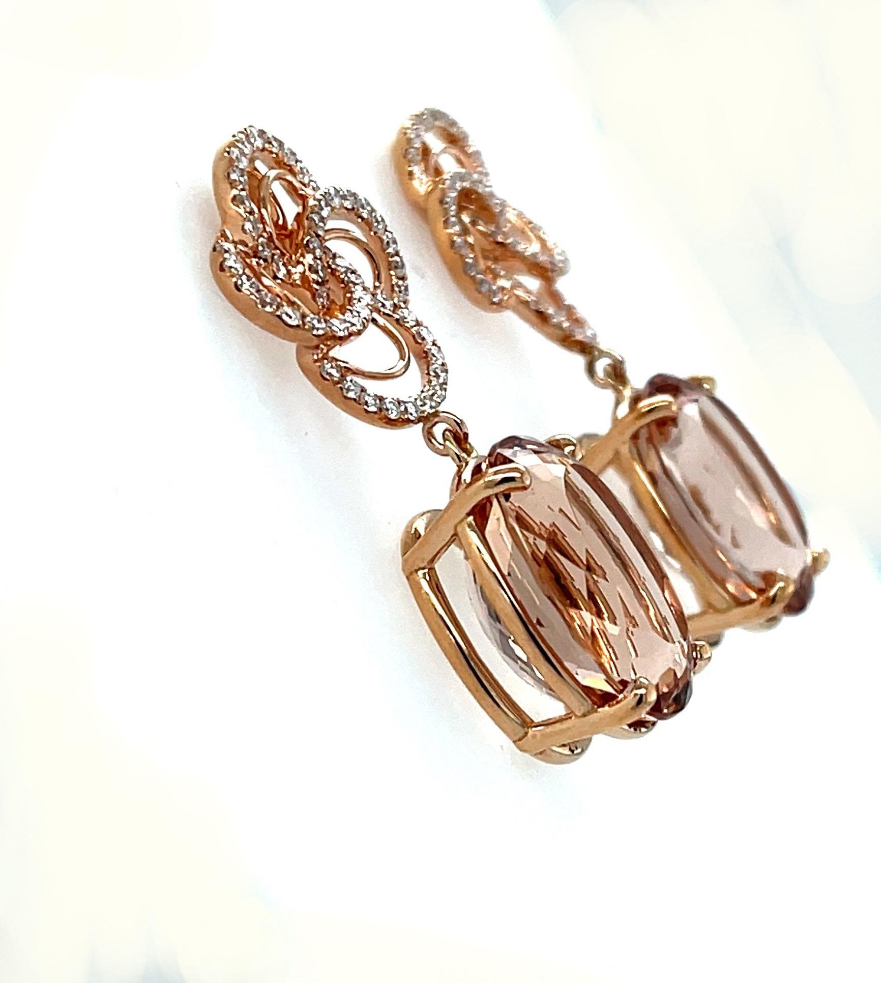 Pendientes Colgantes de Morganita y Diamantes en Oro Rosa de 18k, 23,49 Quilates Totales en Nuevo estado para la venta en Los Angeles, CA