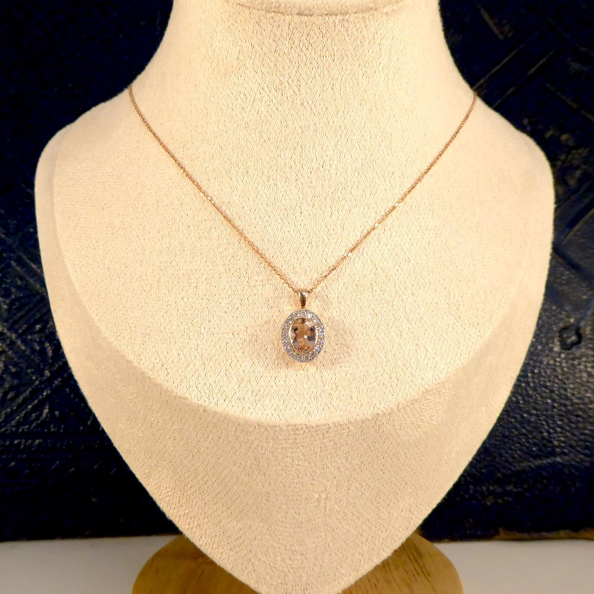 Women's Morganite and Diamond Halo Cluster Pendant Necklace in White and Rose Gold For Sale