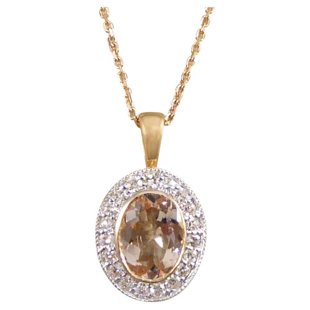Morganite and Diamond Halo Cluster Pendant Necklace in White and Rose Gold For Sale
