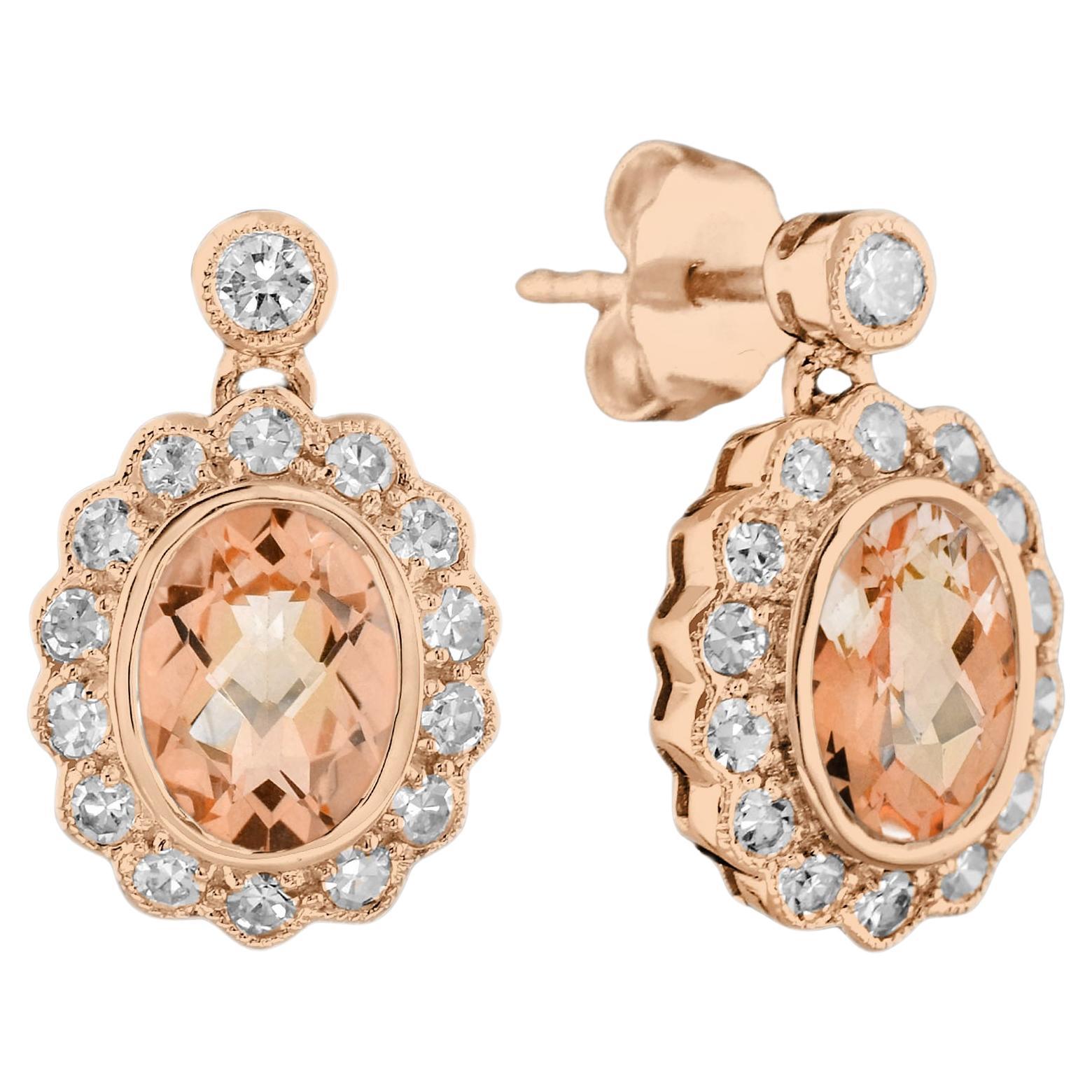 Morganite and Diamond Vintage Style Drop Earrings in 18K Rose Gold For Sale