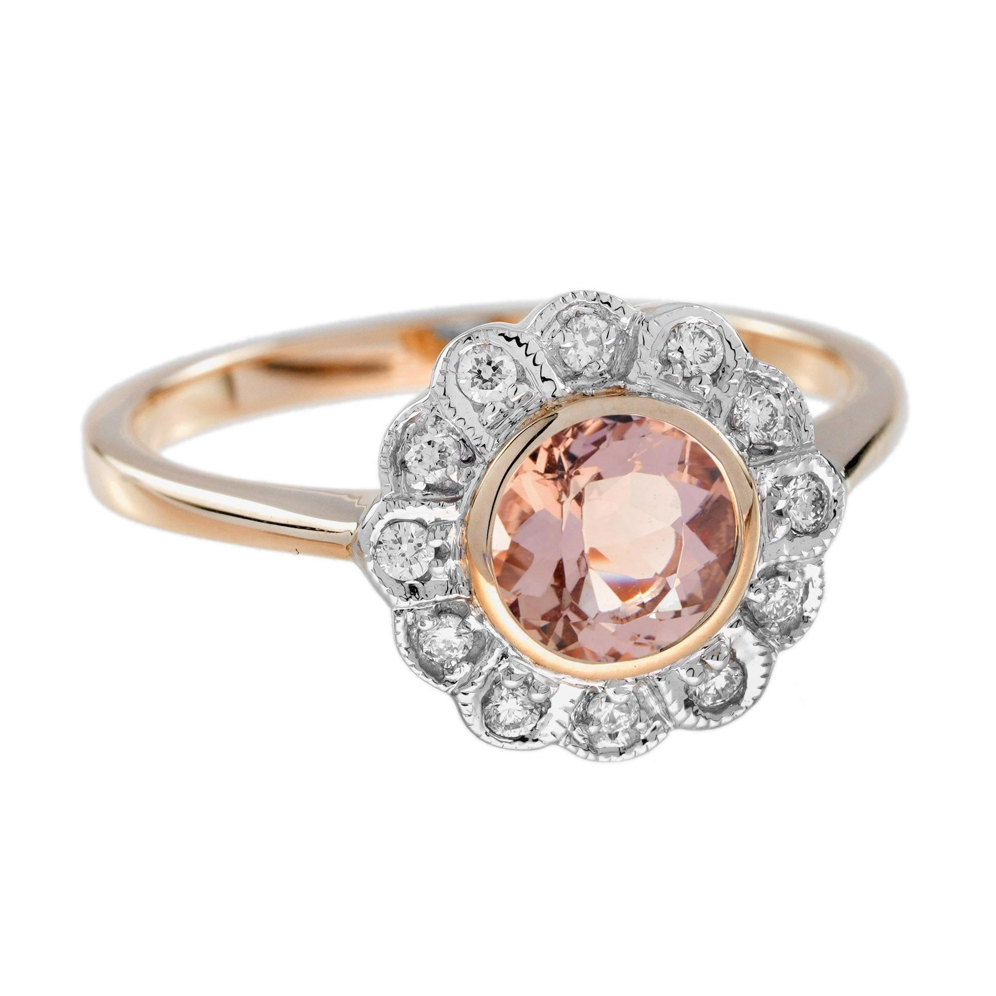 Art Deco Morganite and Diamond Vintage Style Floral Halo Ring in 14K Rose Gold For Sale