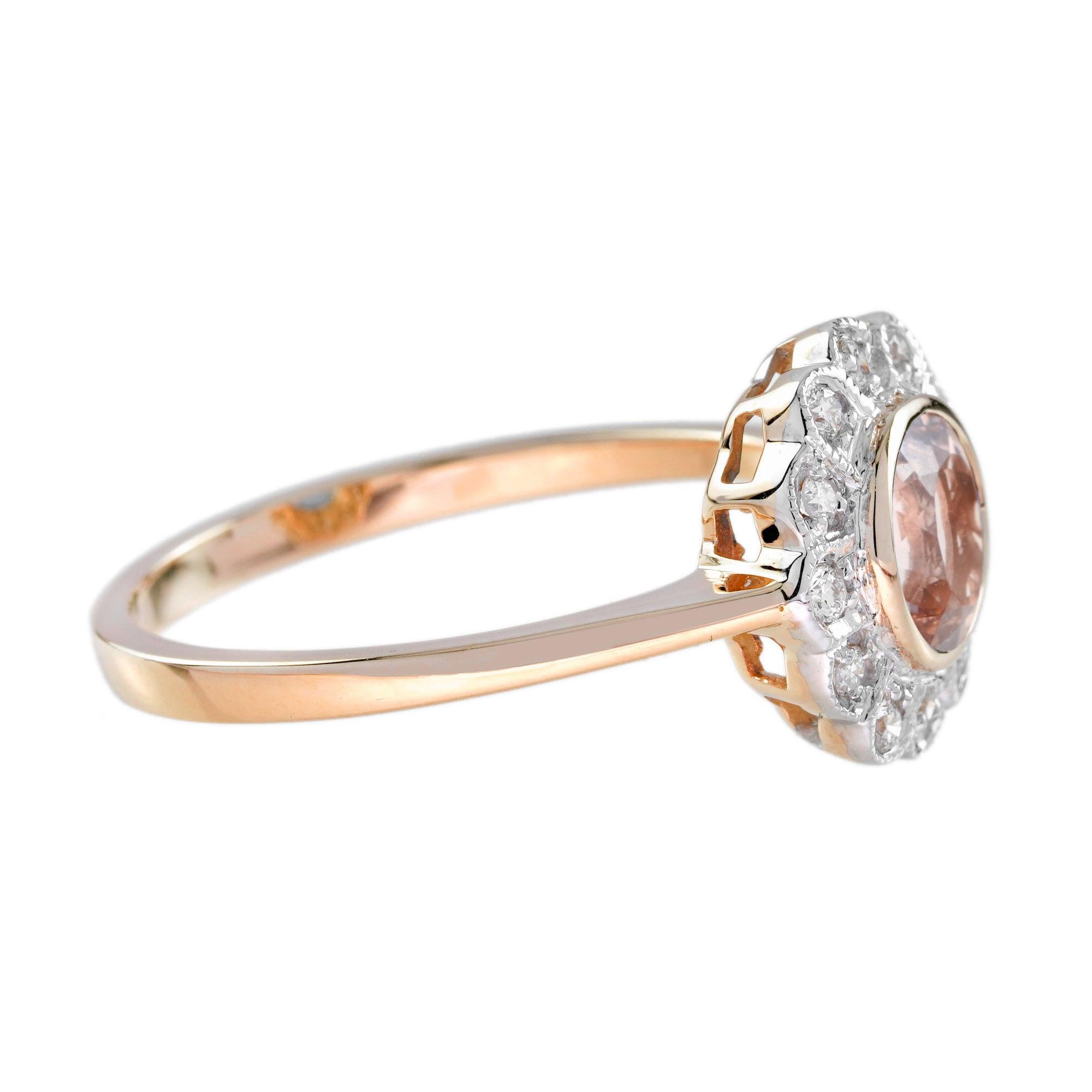 Round Cut Morganite and Diamond Vintage Style Floral Halo Ring in 14K Rose Gold For Sale