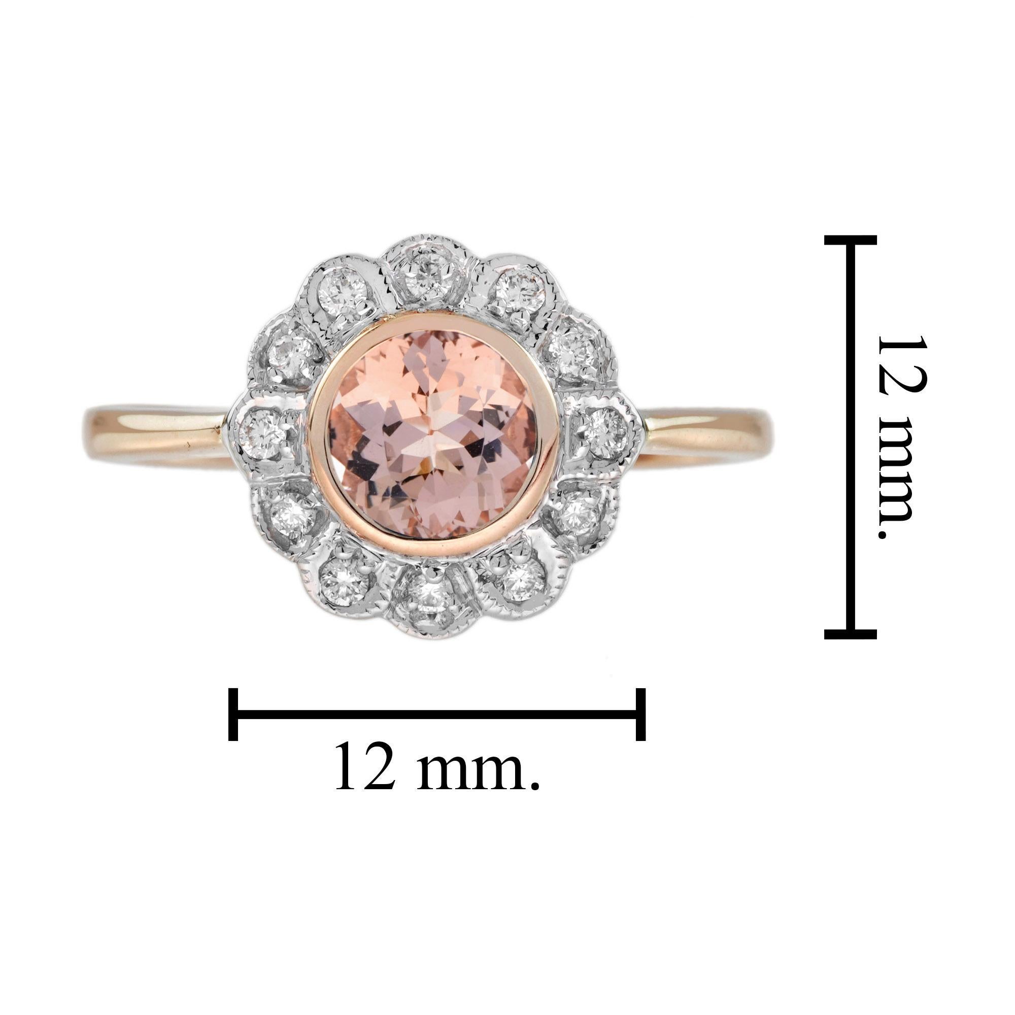 Morganite and Diamond Vintage Style Floral Halo Ring in 14K Rose Gold For Sale 1