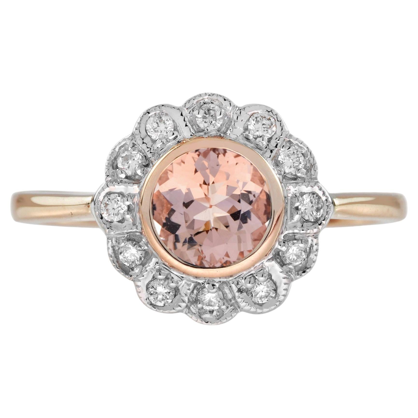 Bague halo floral de style vintage en or rose 14 carats avec morganite et diamants