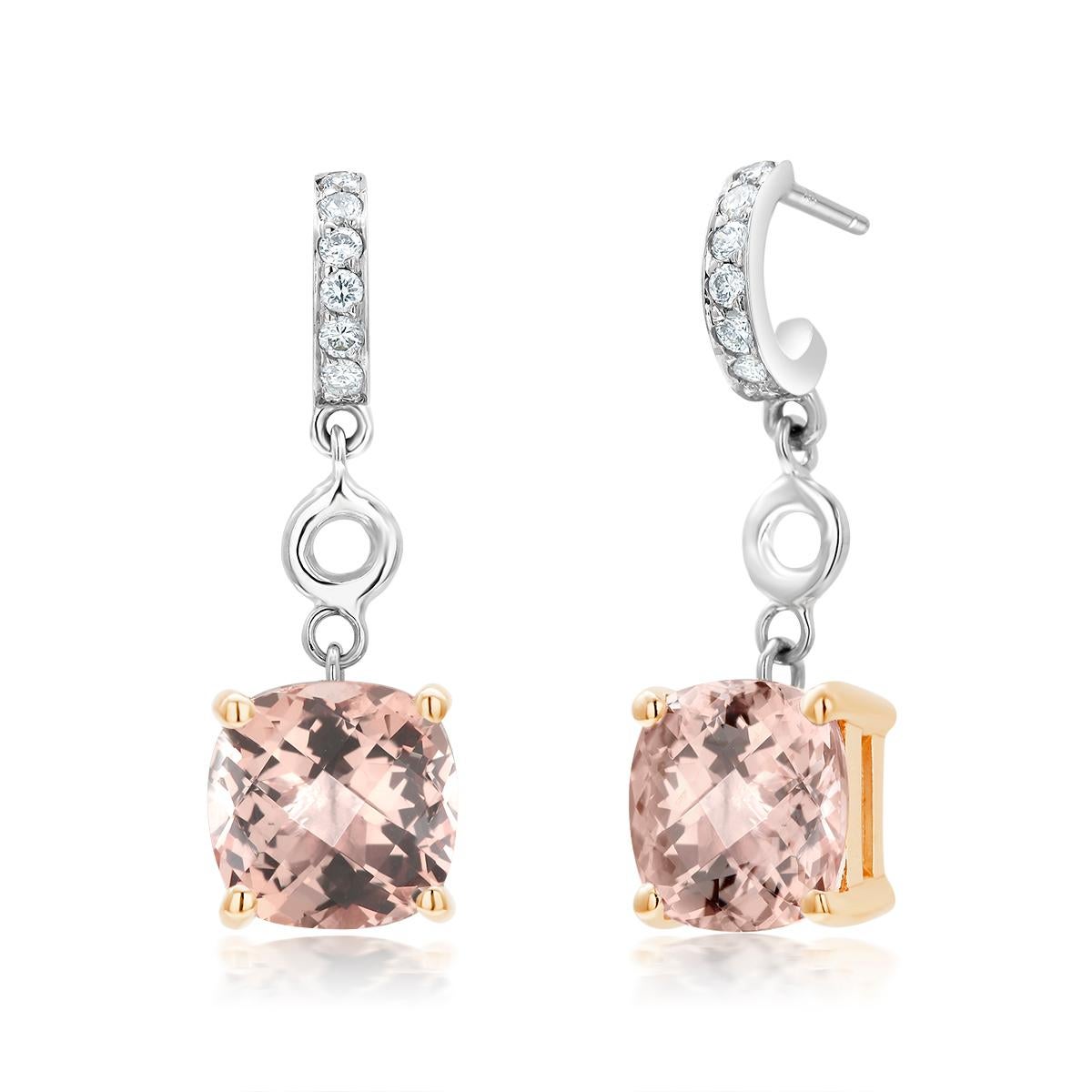 Contemporary Cushion Morganite and Diamond White Gold Hoop Drop Earrings Weighing 4.28 Carats