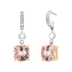 Cushion Morganite and Diamond White Gold Hoop Drop Earrings Weighing 4.28 Carats