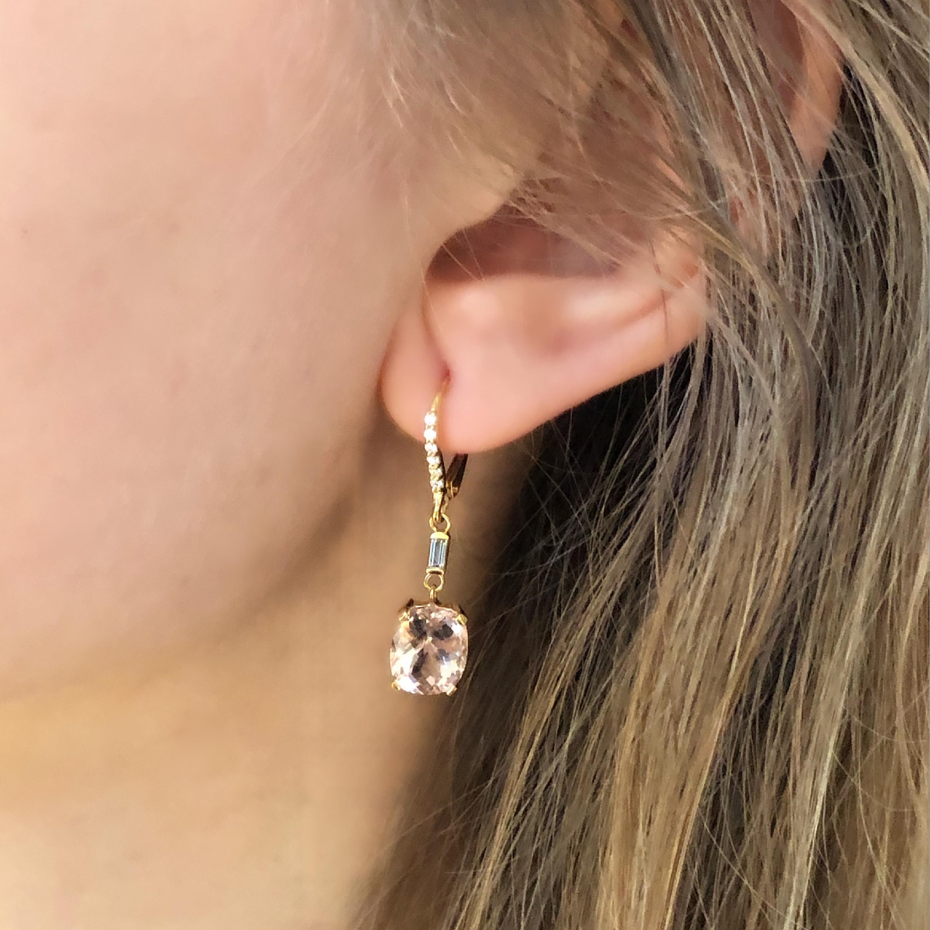 Morganite and Diamond Yellow Gold Hoop Drop Earrings  In New Condition In New York, NY